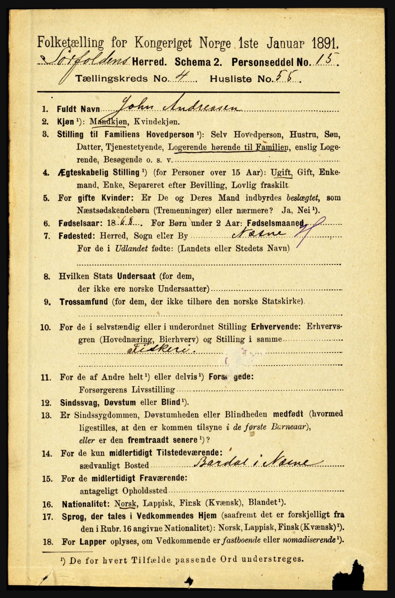 RA, 1891 census for 1845 Sørfold, 1891, p. 1300