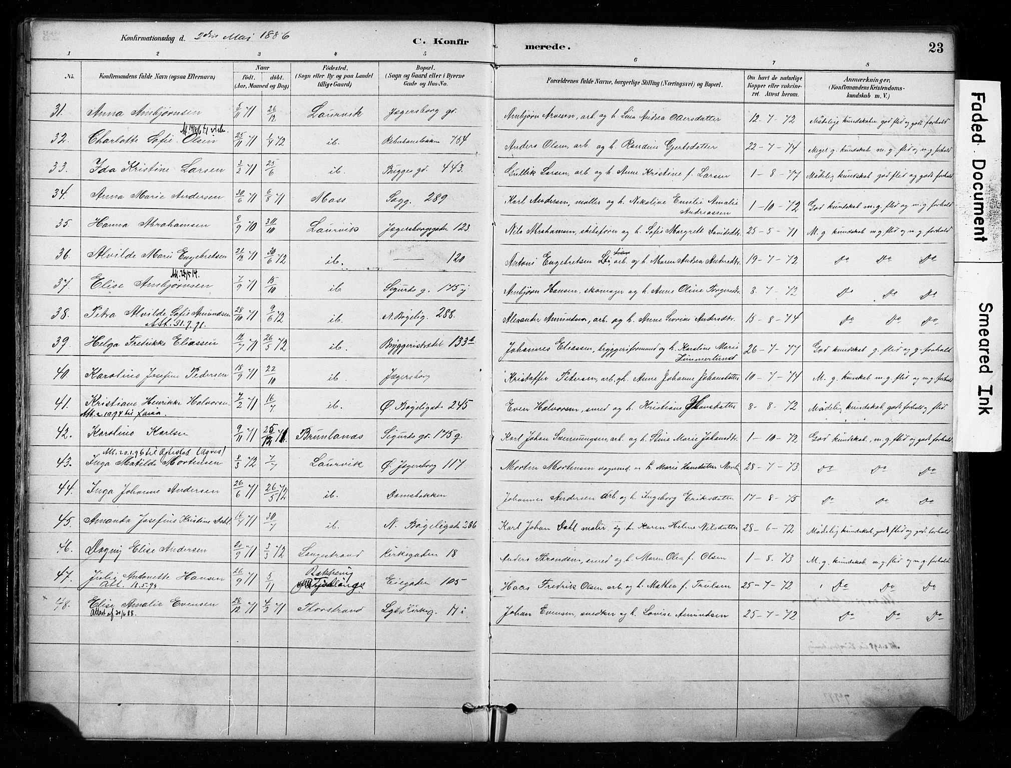 Larvik kirkebøker, AV/SAKO-A-352/F/Fa/L0008: Parish register (official) no. I 8, 1884-1902, p. 23