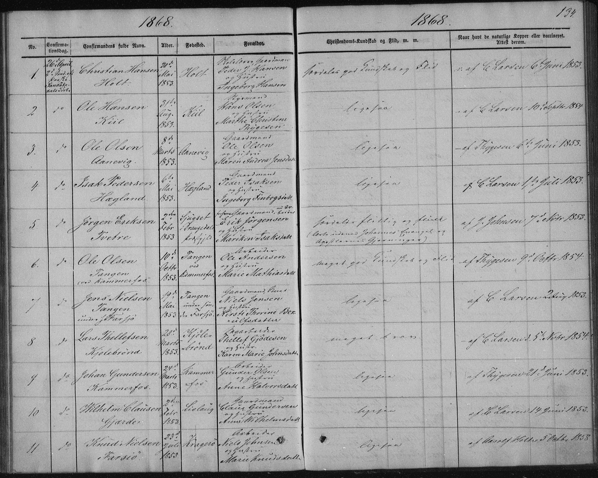 Sannidal kirkebøker, AV/SAKO-A-296/F/Fa/L0009: Parish register (official) no. 9, 1855-1873, p. 134