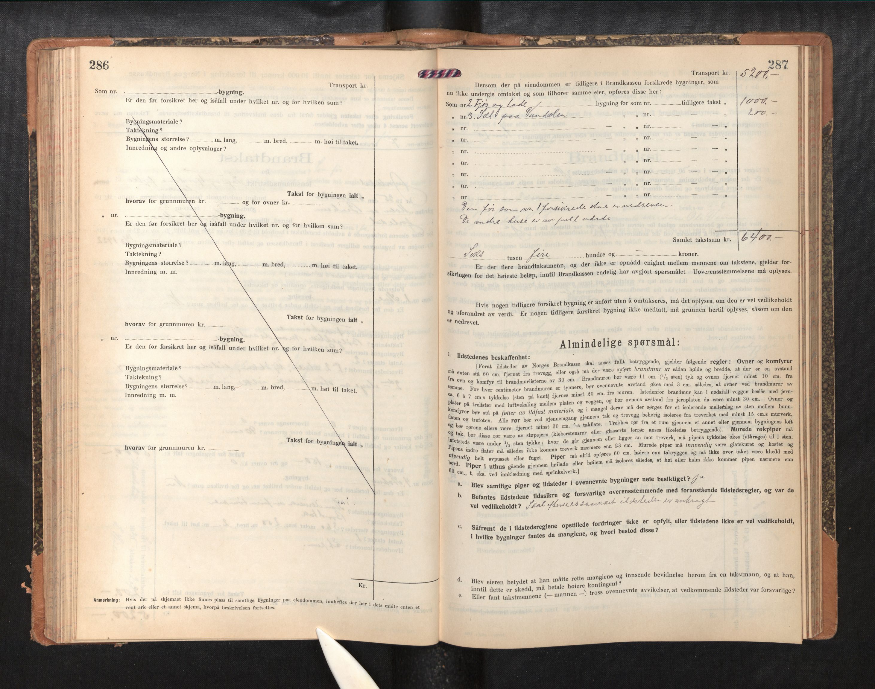 Lensmannen i Jostedal, SAB/A-28601/0012/L0005: Branntakstprotokoll, skjematakst, 1921-1935, p. 286-287