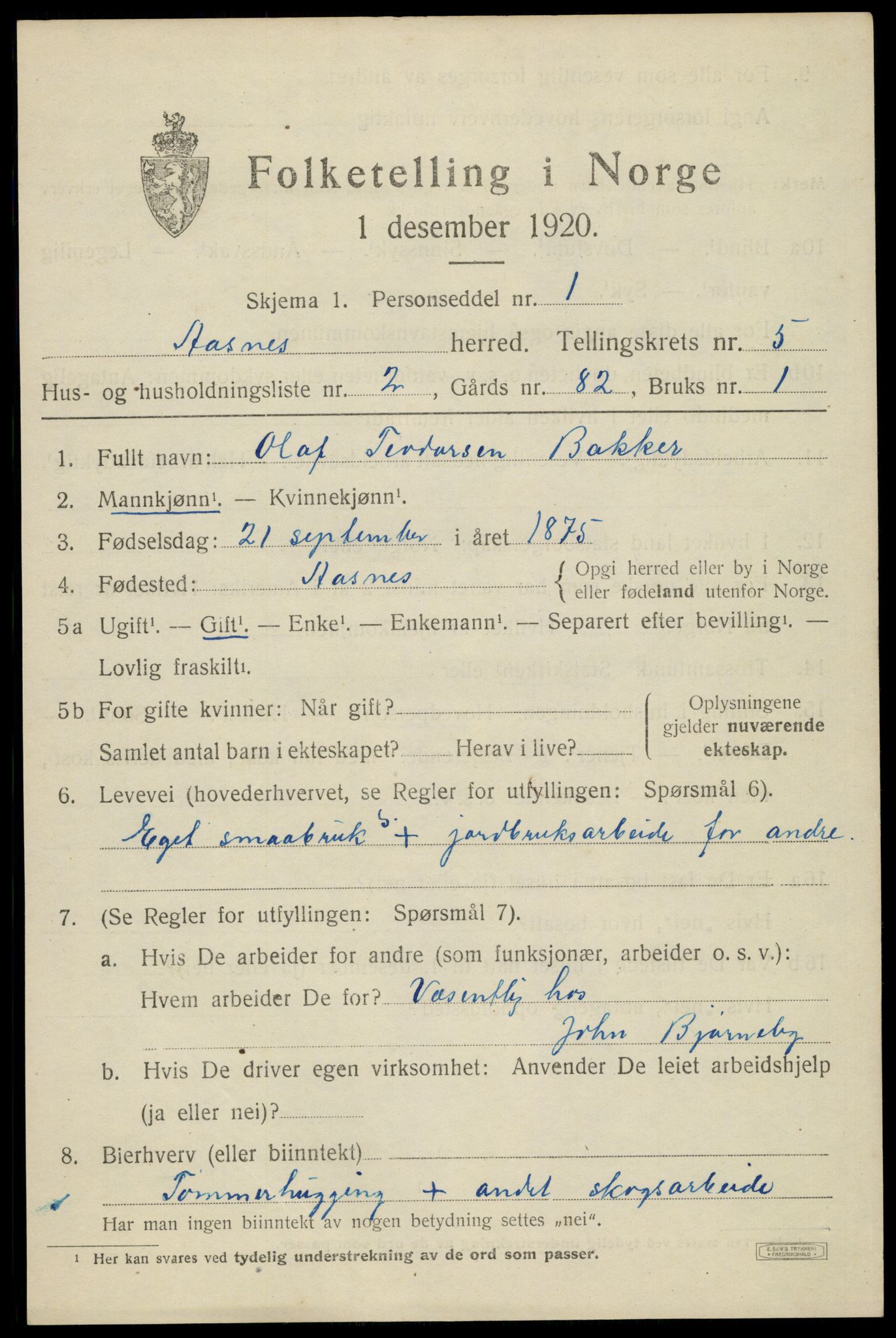 SAH, 1920 census for Åsnes, 1920, p. 6660