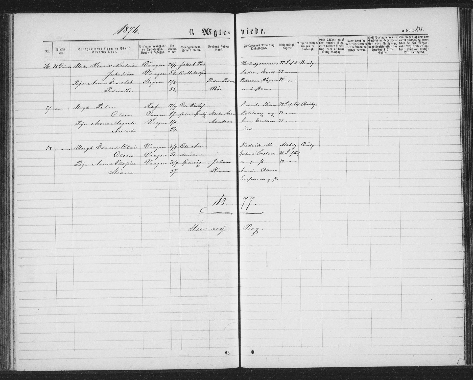 Ministerialprotokoller, klokkerbøker og fødselsregistre - Nordland, AV/SAT-A-1459/874/L1074: Parish register (copy) no. 874C03, 1870-1876, p. 135