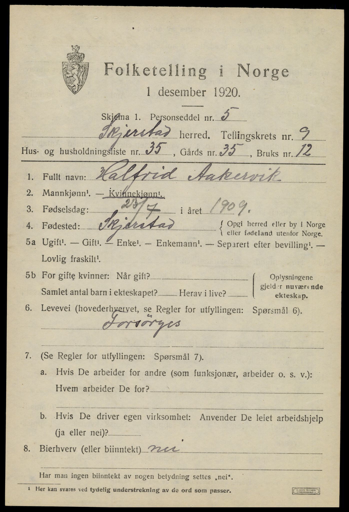 SAT, 1920 census for Skjerstad, 1920, p. 3511