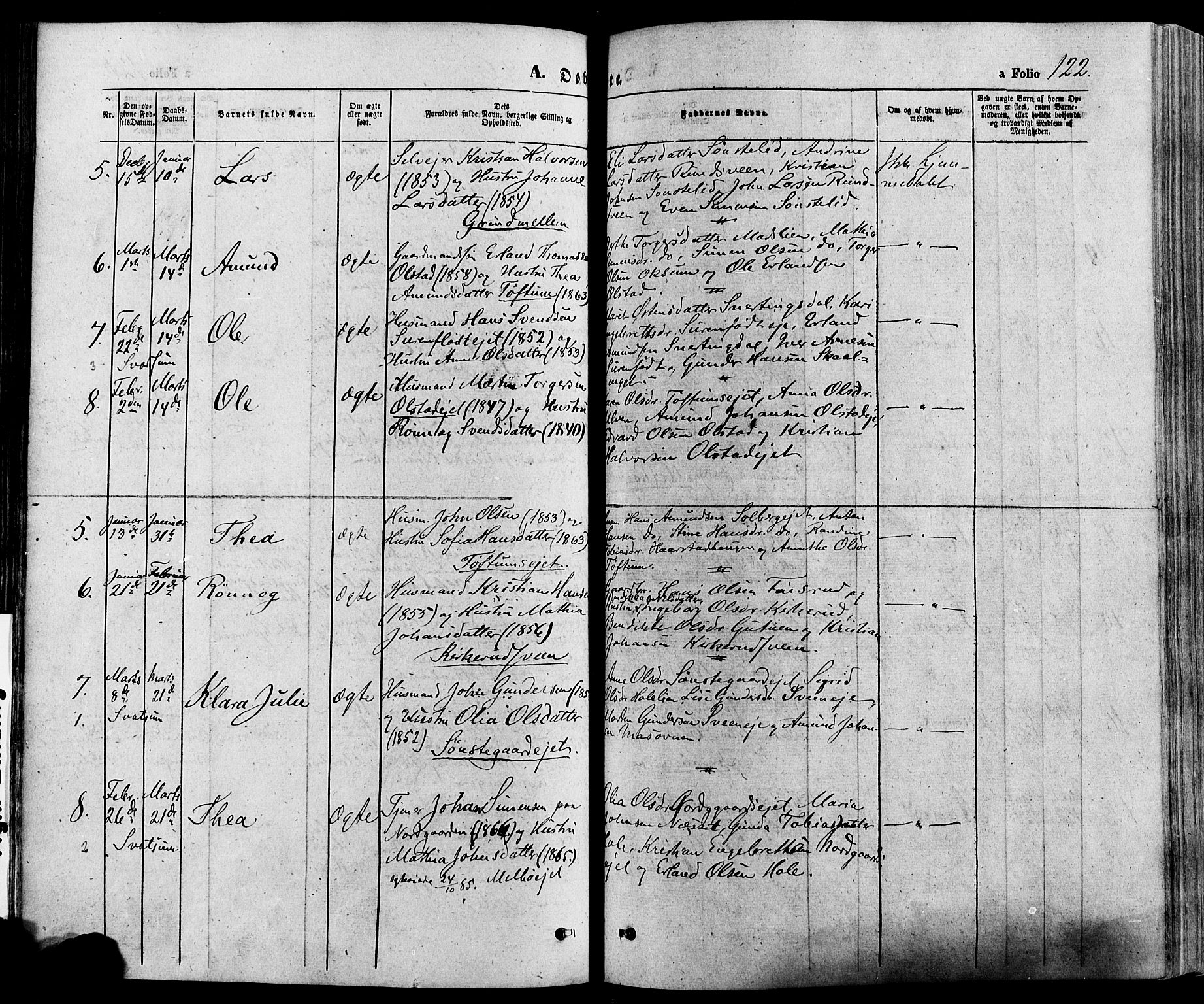 Gausdal prestekontor, SAH/PREST-090/H/Ha/Haa/L0010: Parish register (official) no. 10, 1867-1886, p. 122