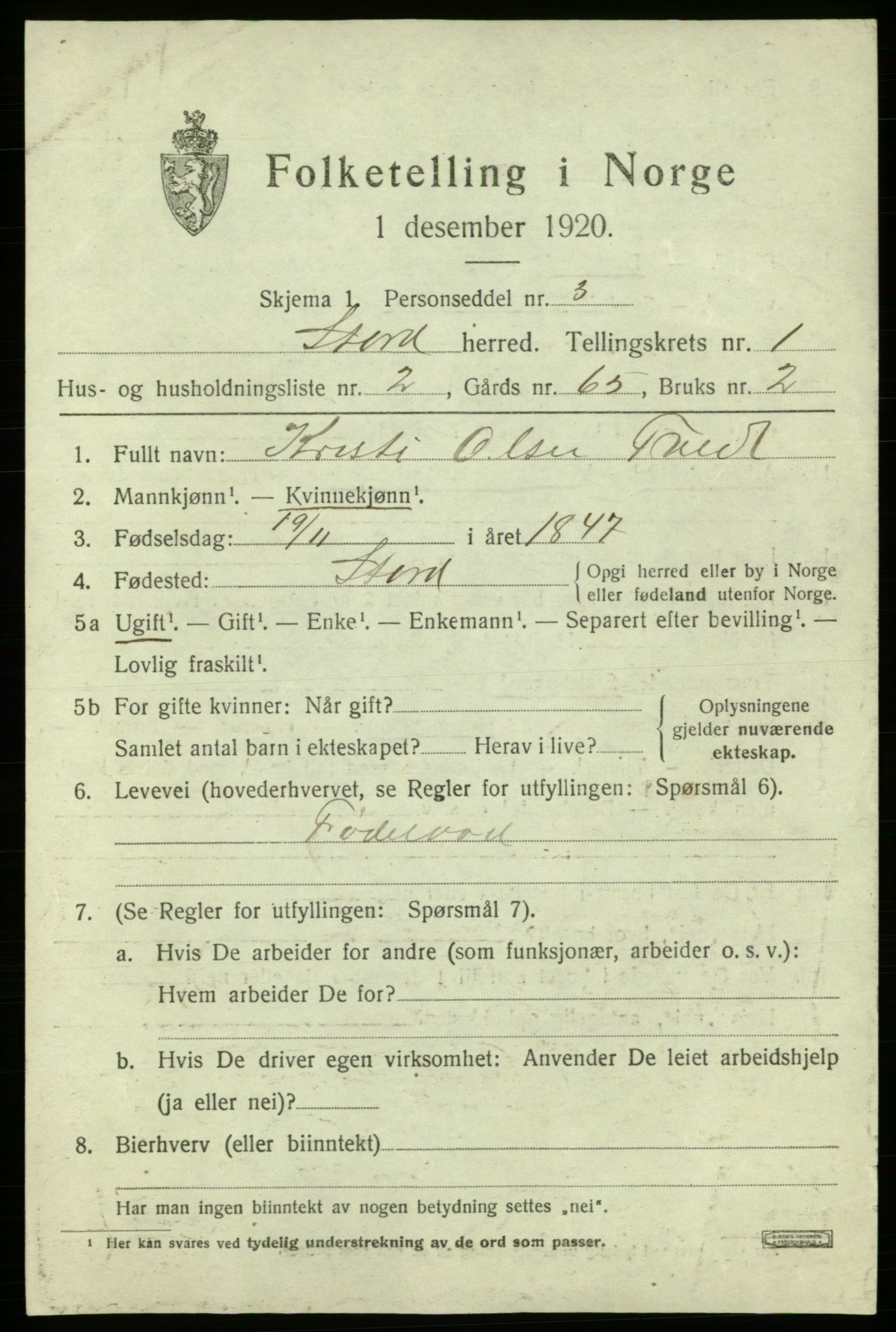 SAB, 1920 census for Stord, 1920, p. 1251