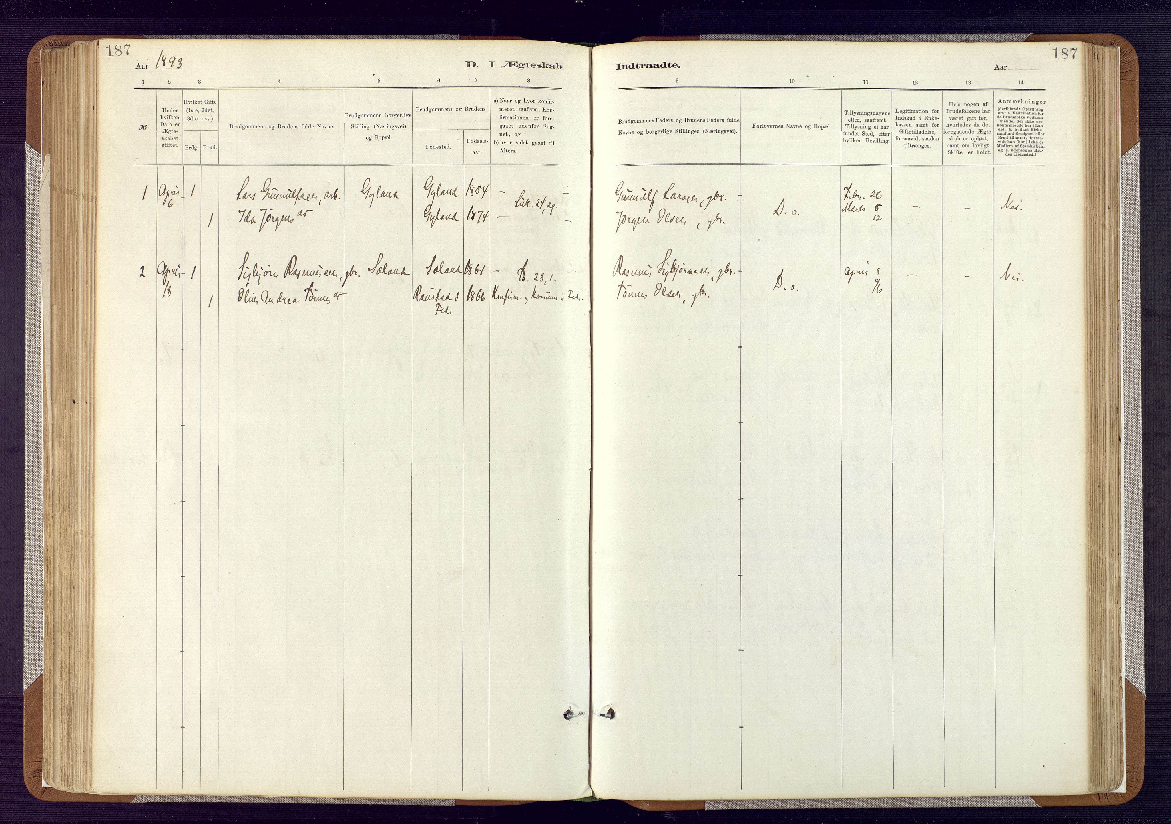 Bakke sokneprestkontor, SAK/1111-0002/F/Fa/Fab/L0003: Parish register (official) no. A 3, 1884-1921, p. 187