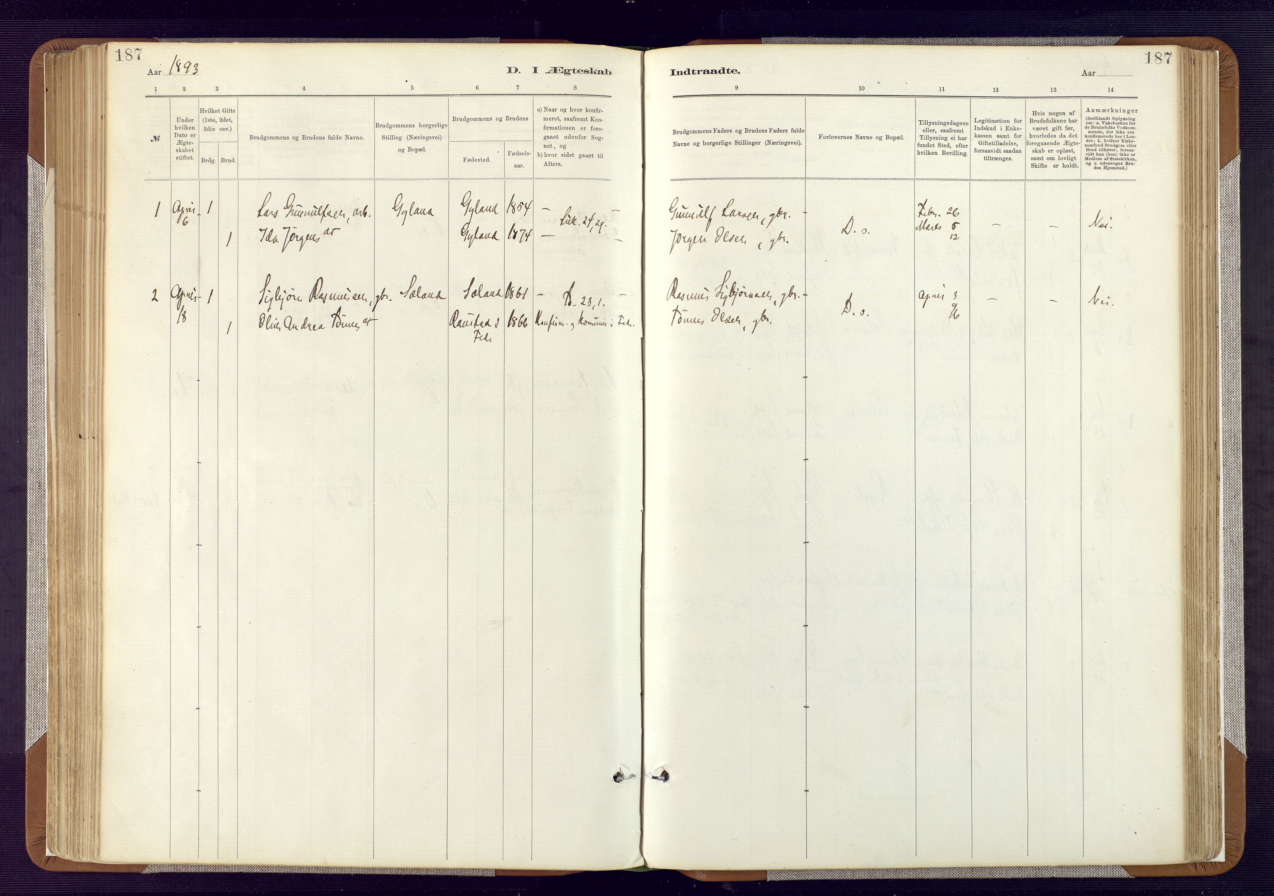 Bakke sokneprestkontor, AV/SAK-1111-0002/F/Fa/Fab/L0003: Parish register (official) no. A 3, 1884-1921, p. 187