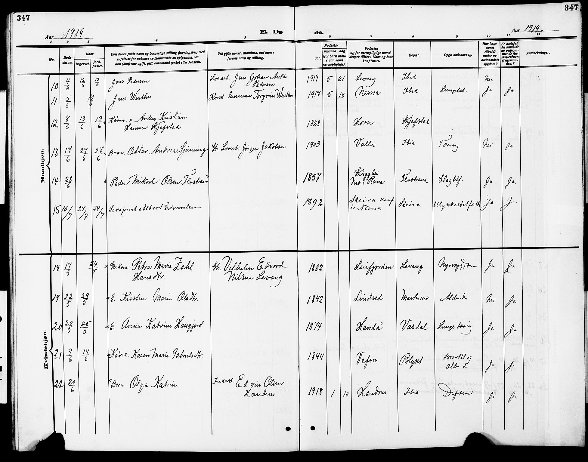 Ministerialprotokoller, klokkerbøker og fødselsregistre - Nordland, AV/SAT-A-1459/838/L0560: Parish register (copy) no. 838C07, 1910-1928, p. 347