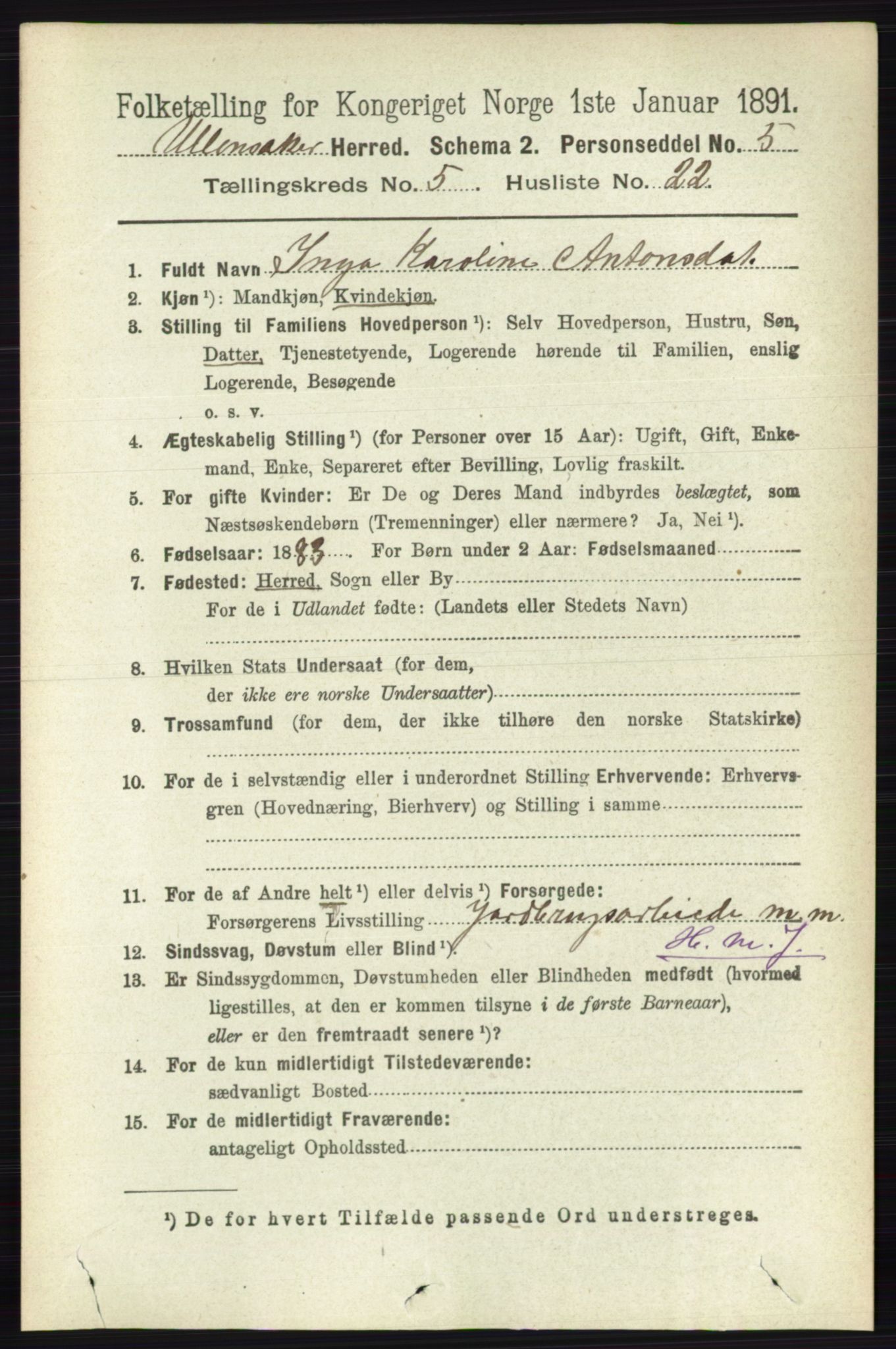 RA, 1891 census for 0235 Ullensaker, 1891, p. 2216