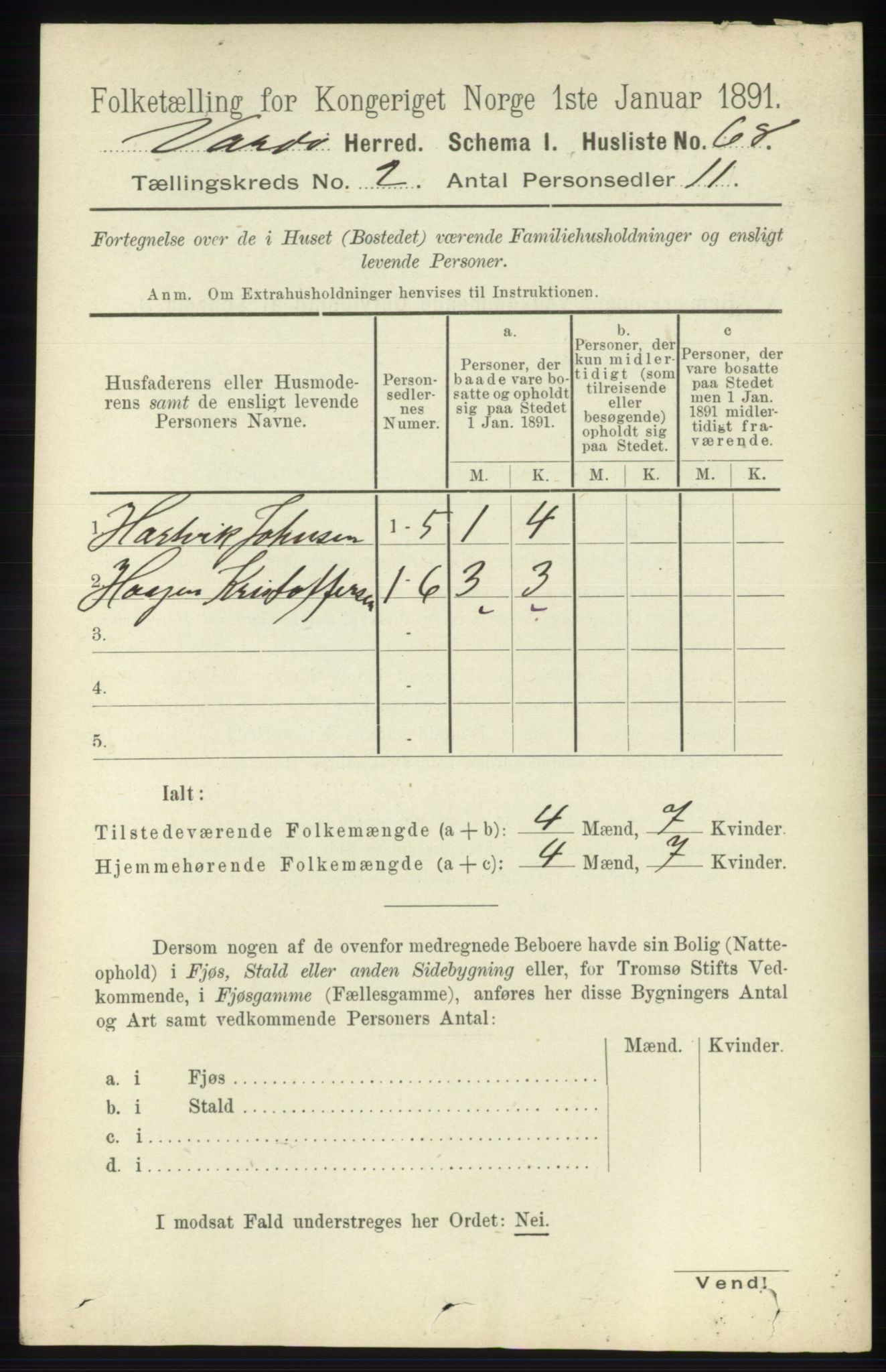 RA, 1891 census for 2028 Vardø, 1891, p. 292