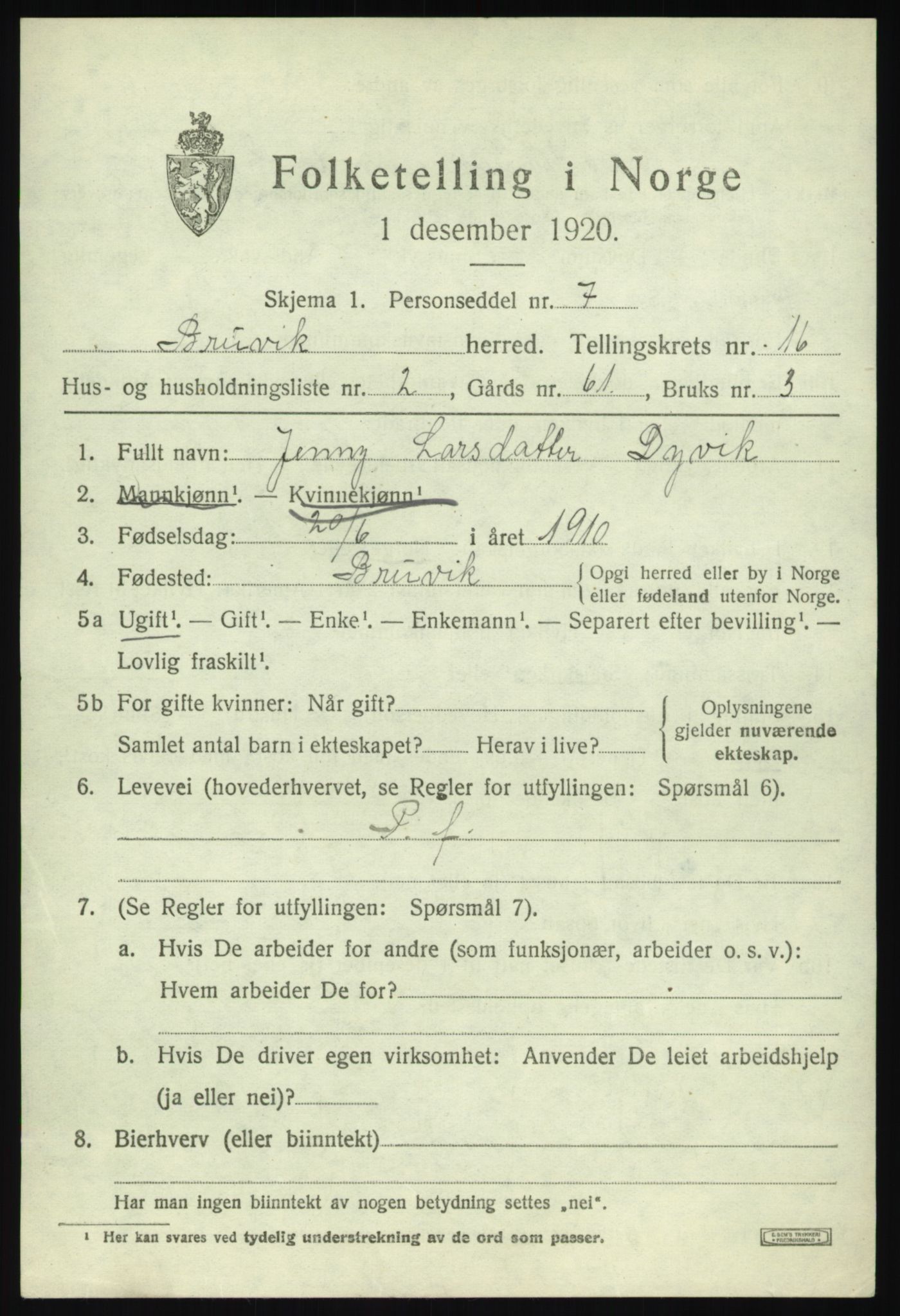 SAB, 1920 census for Bruvik, 1920, p. 9566