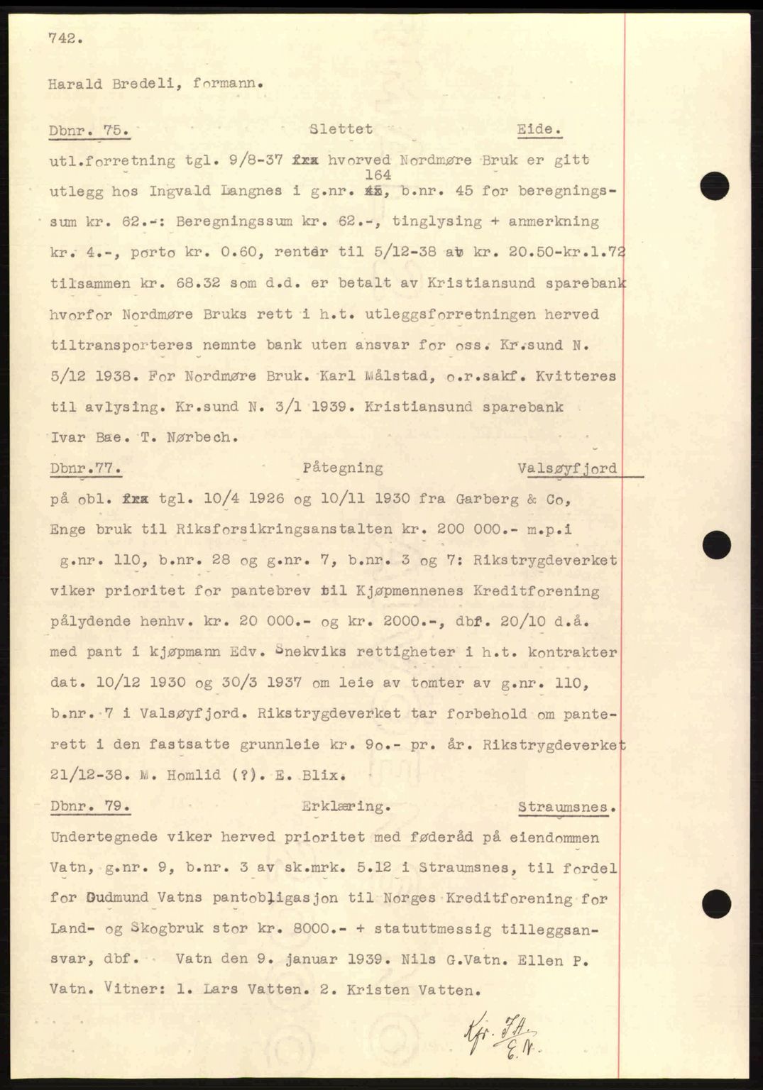 Nordmøre sorenskriveri, AV/SAT-A-4132/1/2/2Ca: Mortgage book no. C80, 1936-1939, Diary no: : 75/1939