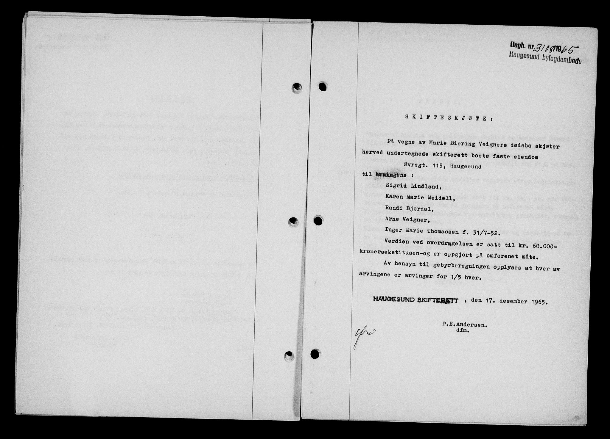 Haugesund tingrett, AV/SAST-A-101415/01/II/IIC/L0076: Mortgage book no. A 17, 1965-1966, Diary no: : 3108/1965