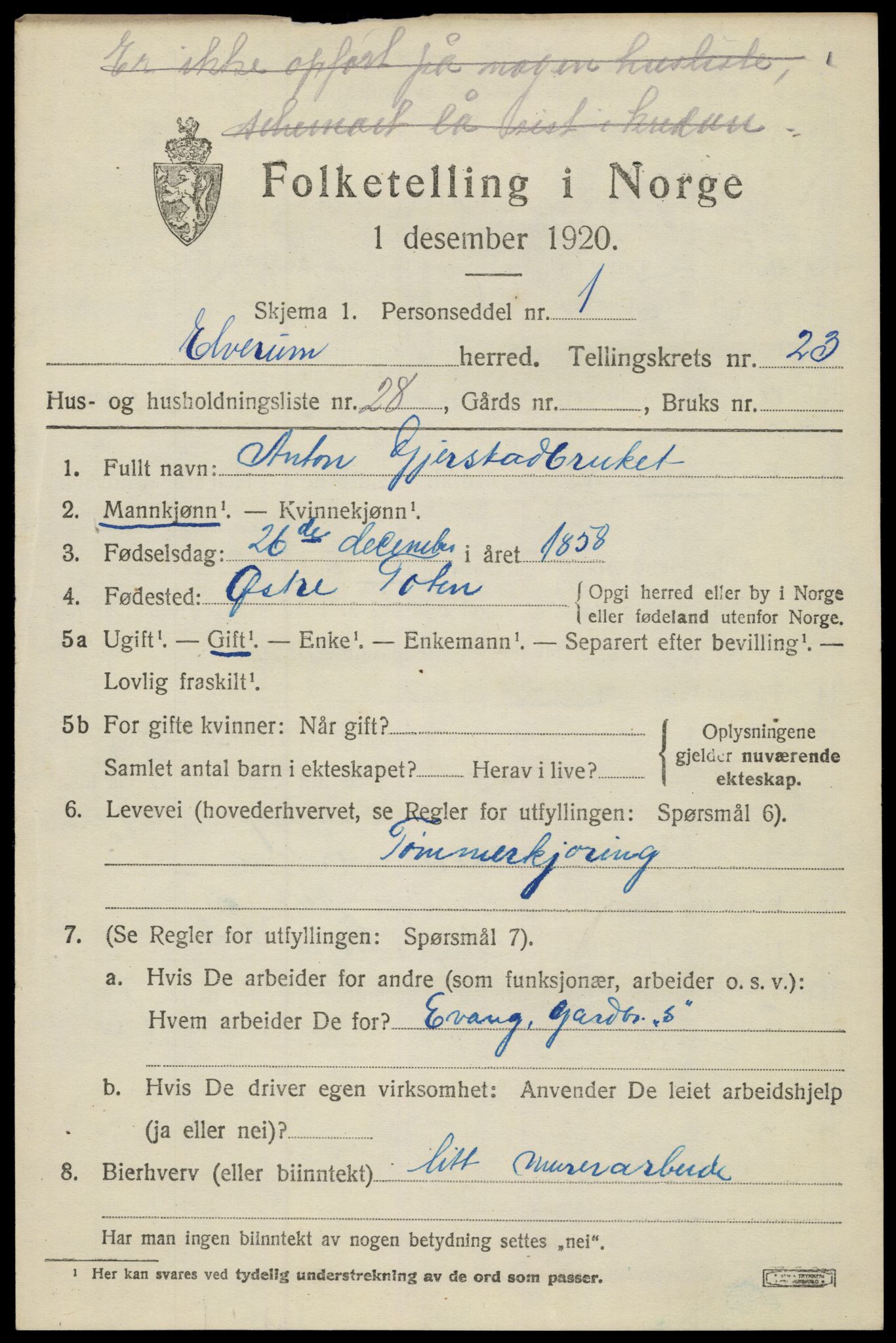 SAH, 1920 census for Elverum, 1920, p. 25508