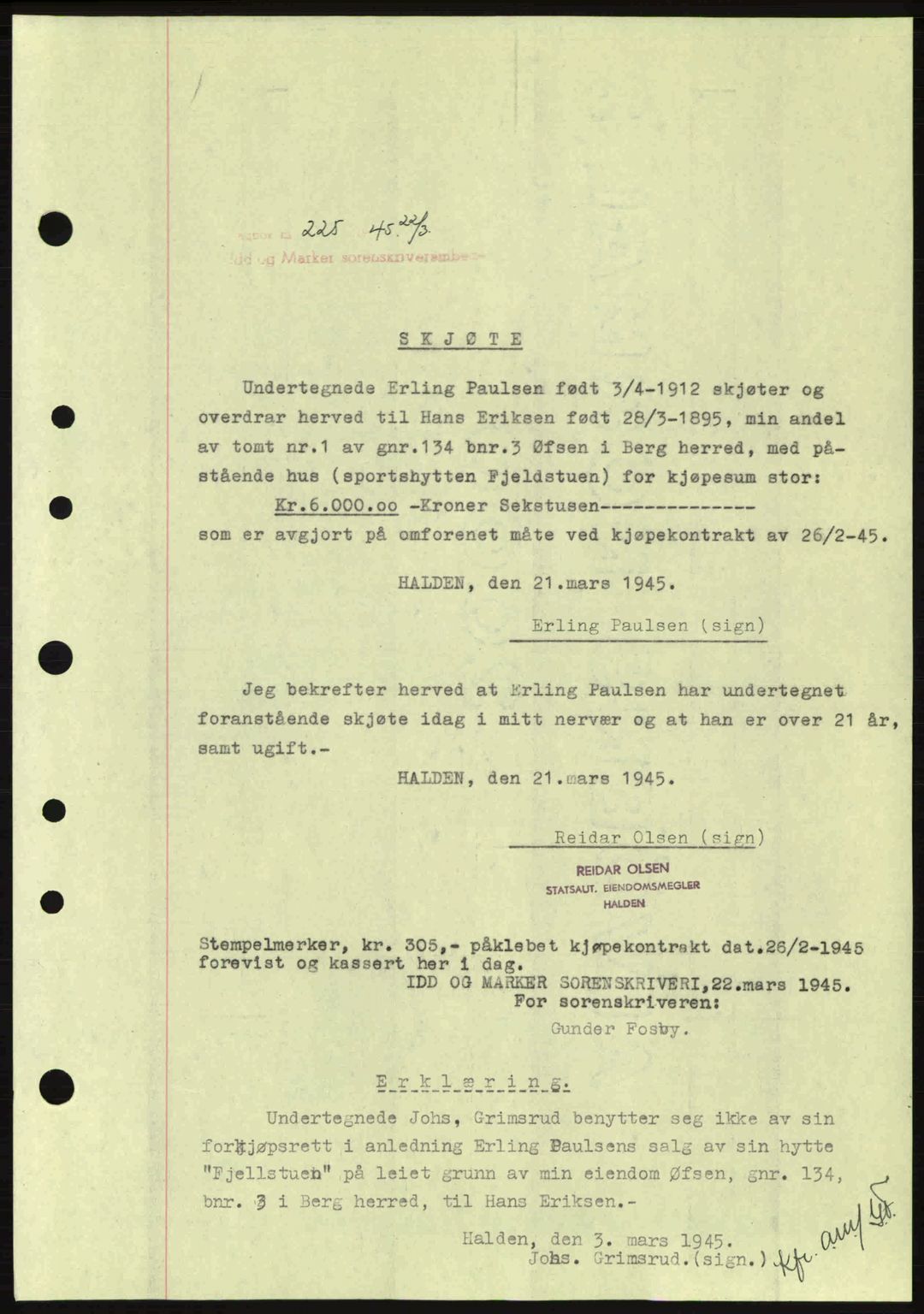 Idd og Marker sorenskriveri, AV/SAO-A-10283/G/Gb/Gbb/L0007: Mortgage book no. A7, 1944-1945, Diary no: : 225/1945