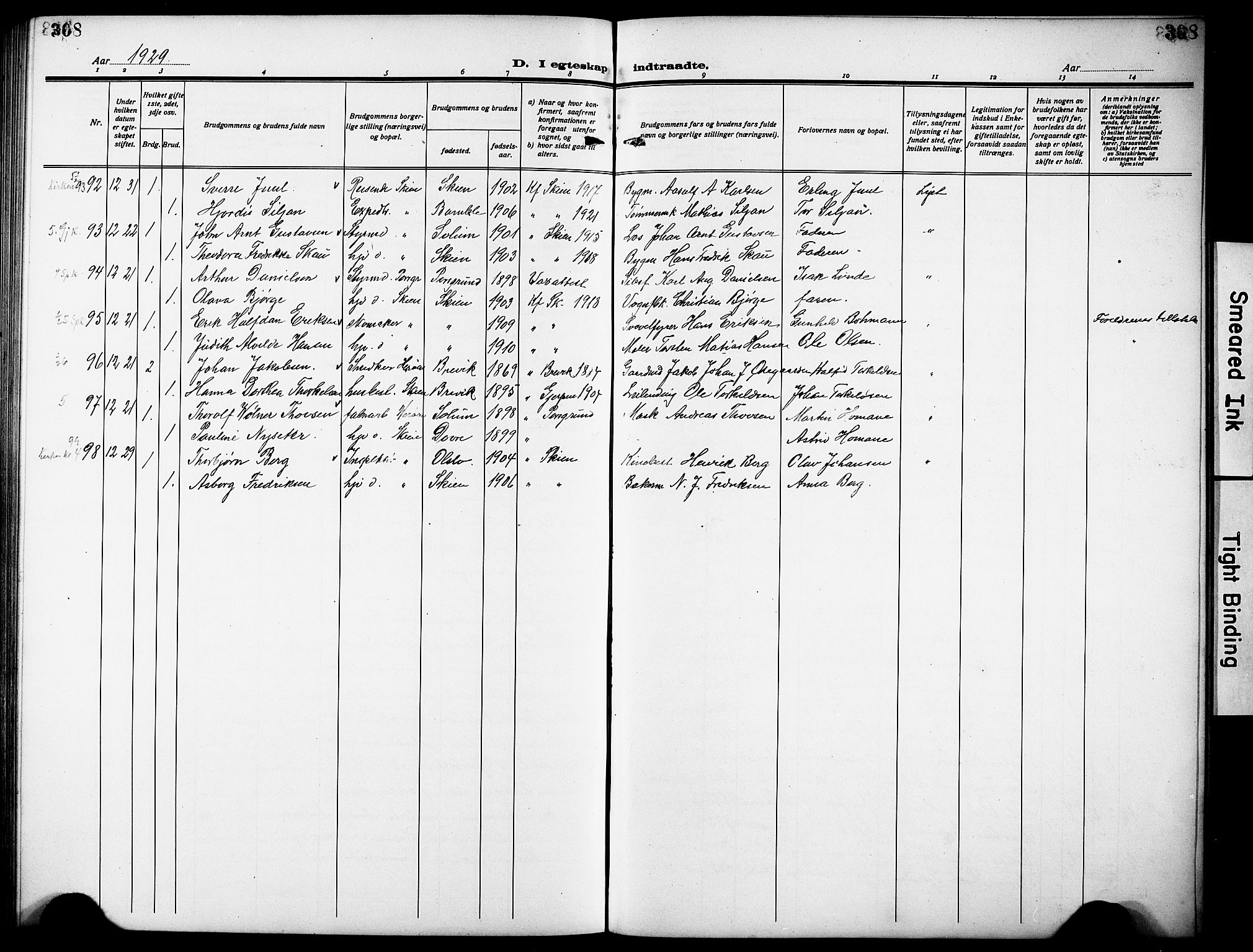Skien kirkebøker, AV/SAKO-A-302/G/Ga/L0010: Parish register (copy) no. 10, 1920-1931, p. 308