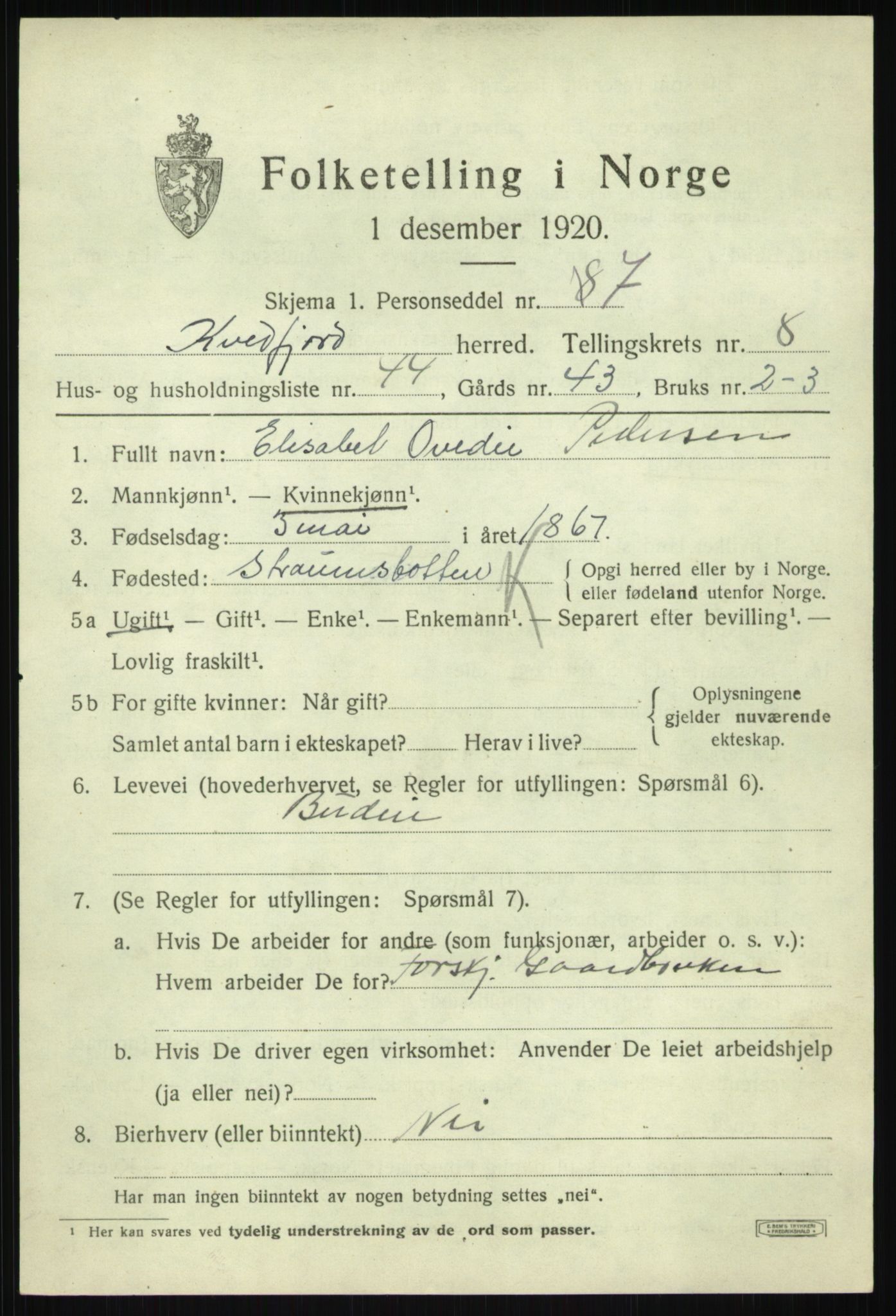 SATØ, 1920 census for Kvæfjord, 1920, p. 4181