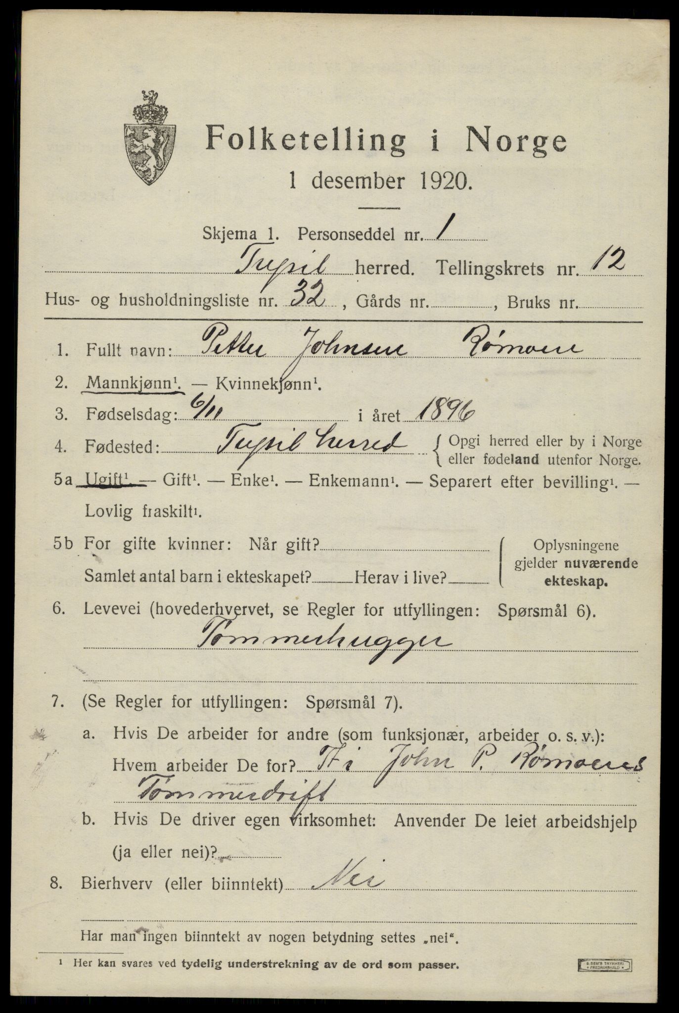 SAH, 1920 census for Trysil, 1920, p. 7561
