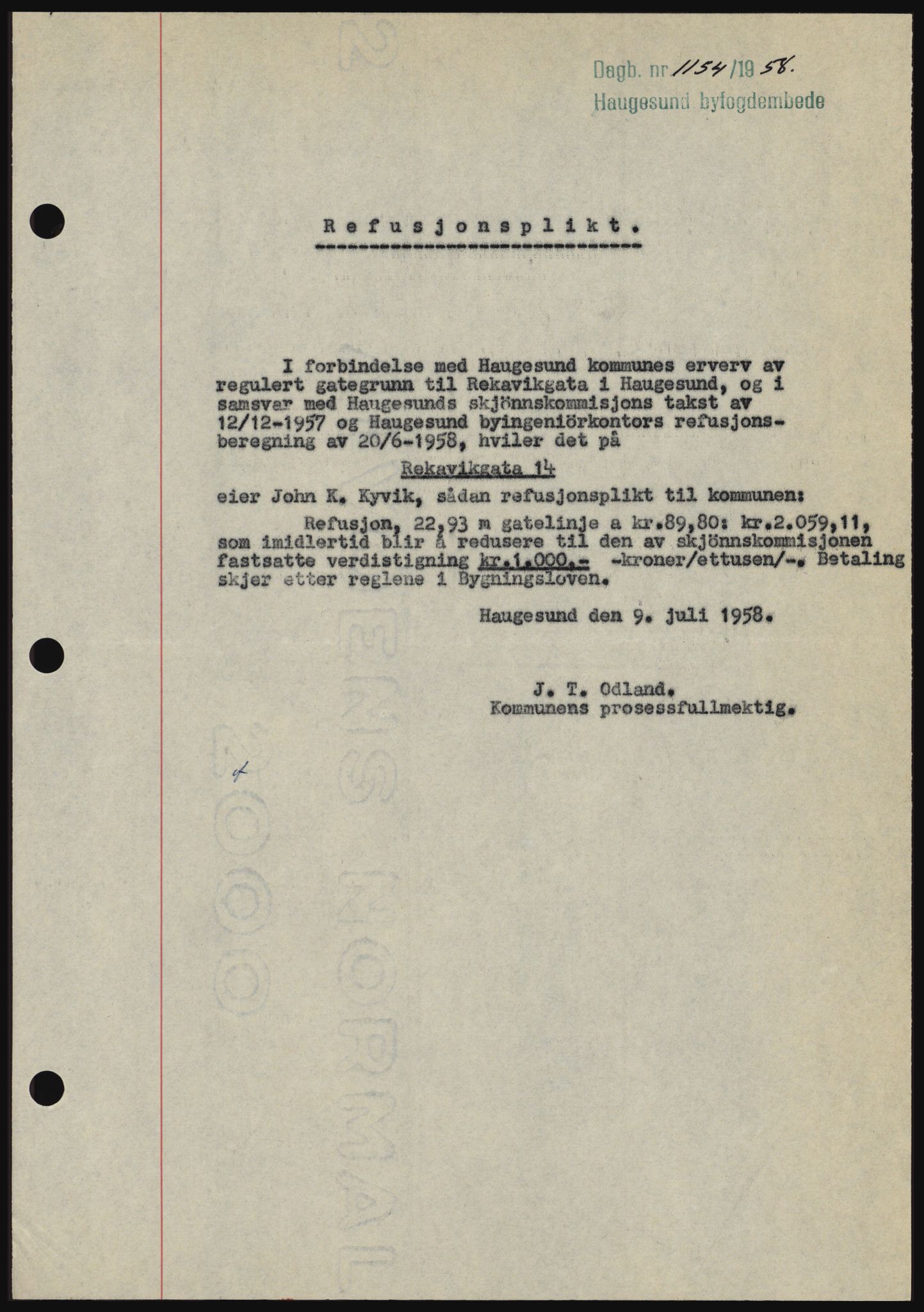 Haugesund tingrett, SAST/A-101415/01/II/IIC/L0044: Mortgage book no. B 44, 1958-1959, Diary no: : 1154/1958