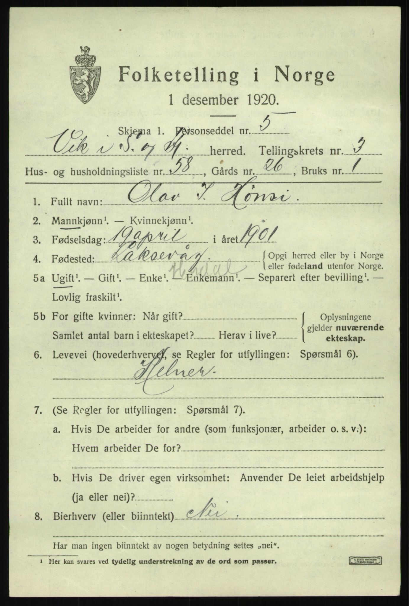 SAB, 1920 census for Vik, 1920, p. 3201