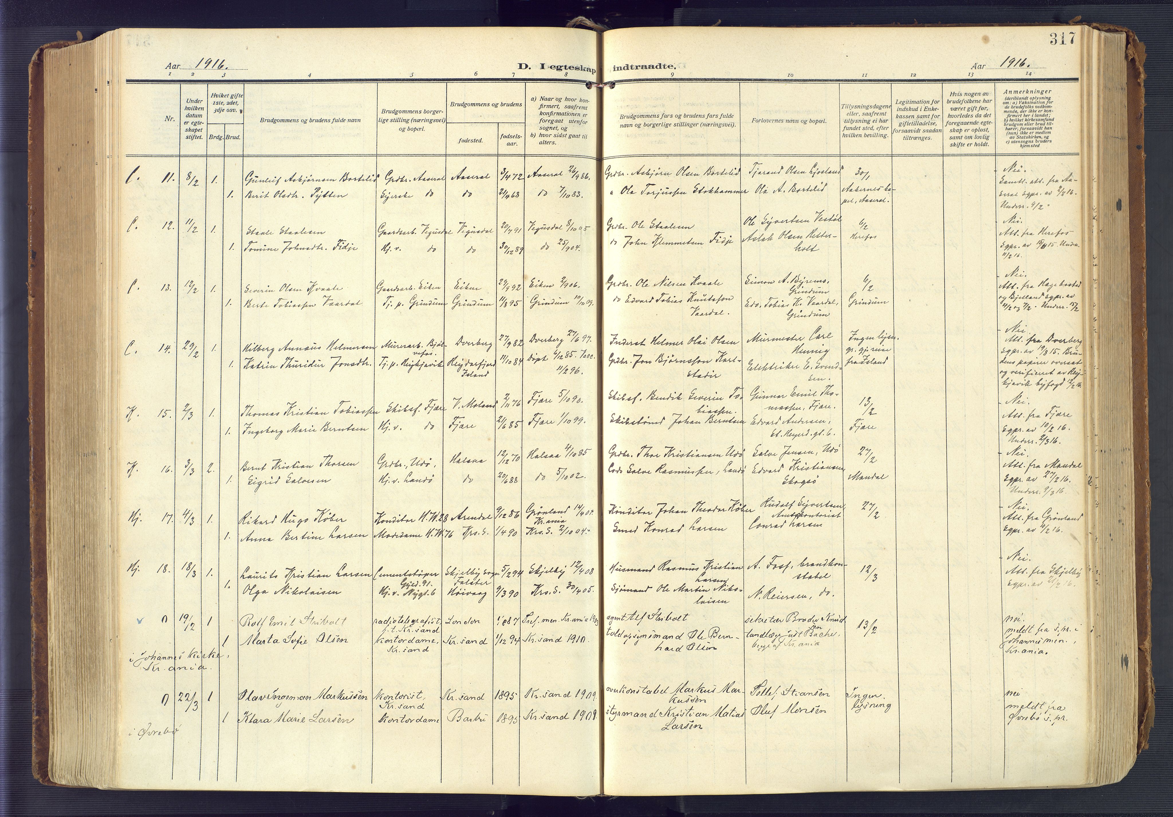 Kristiansand domprosti, AV/SAK-1112-0006/F/Fa/L0023: Parish register (official) no. A 22, 1909-1917, p. 317