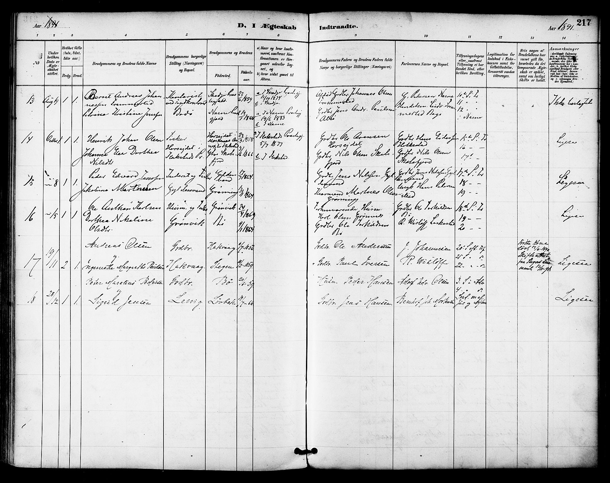 Ministerialprotokoller, klokkerbøker og fødselsregistre - Nordland, SAT/A-1459/855/L0803: Parish register (official) no. 855A11, 1887-1905, p. 217