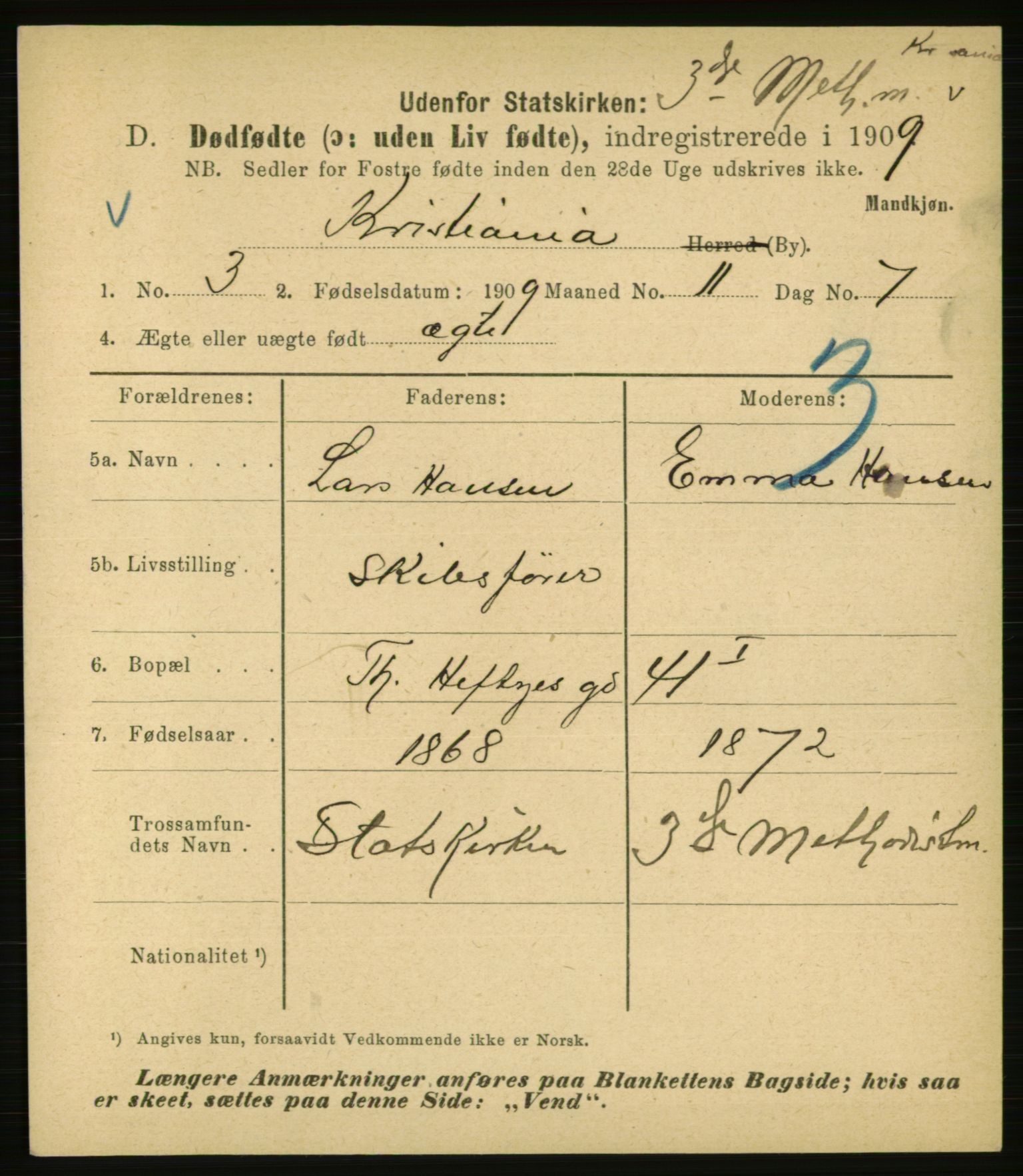 Statistisk sentralbyrå, Sosiodemografiske emner, Befolkning, AV/RA-S-2228/E/L0007: Fødte, gifte, døde dissentere., 1909, p. 3159