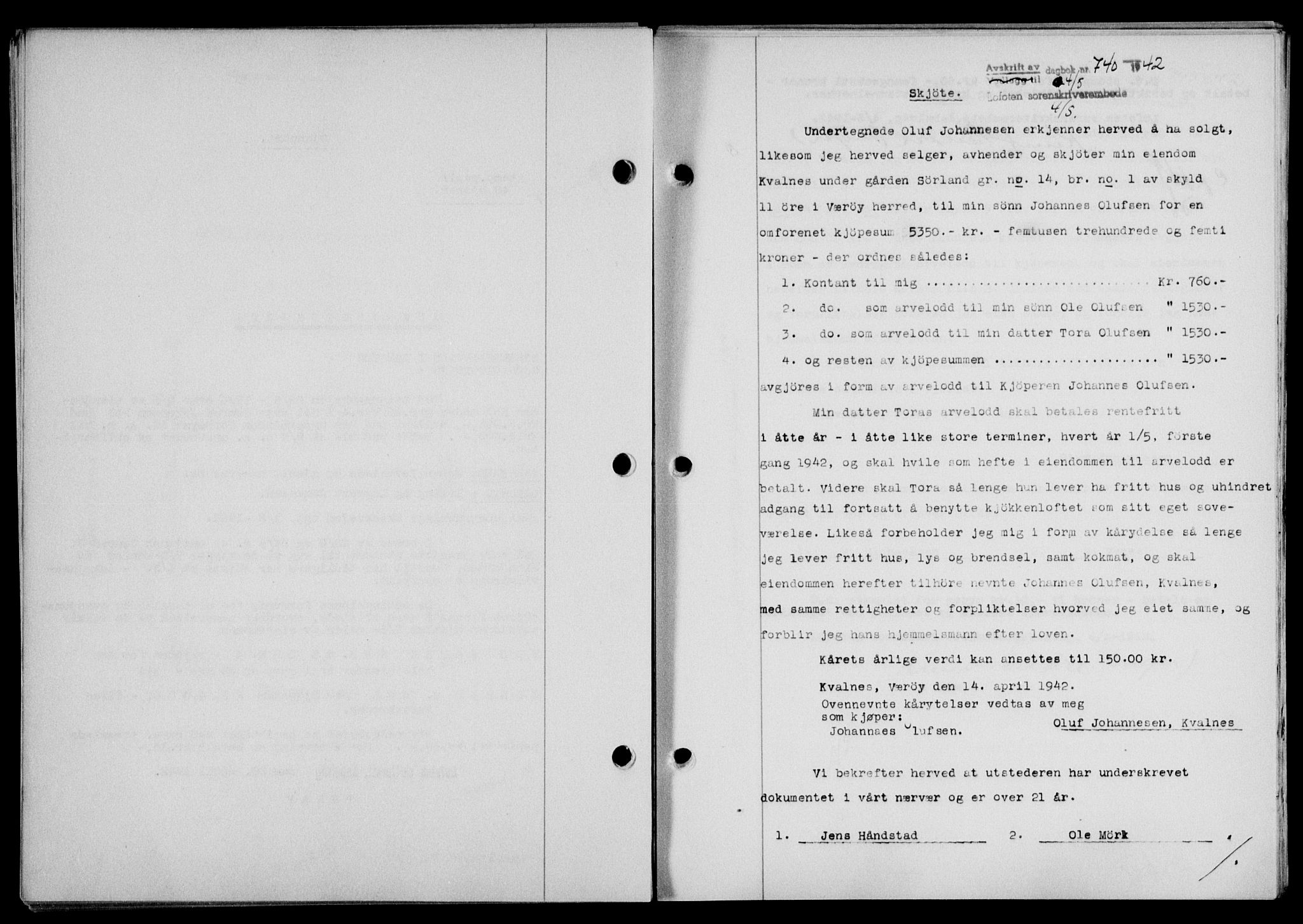 Lofoten sorenskriveri, SAT/A-0017/1/2/2C/L0009a: Mortgage book no. 9a, 1941-1942, Diary no: : 740/1942