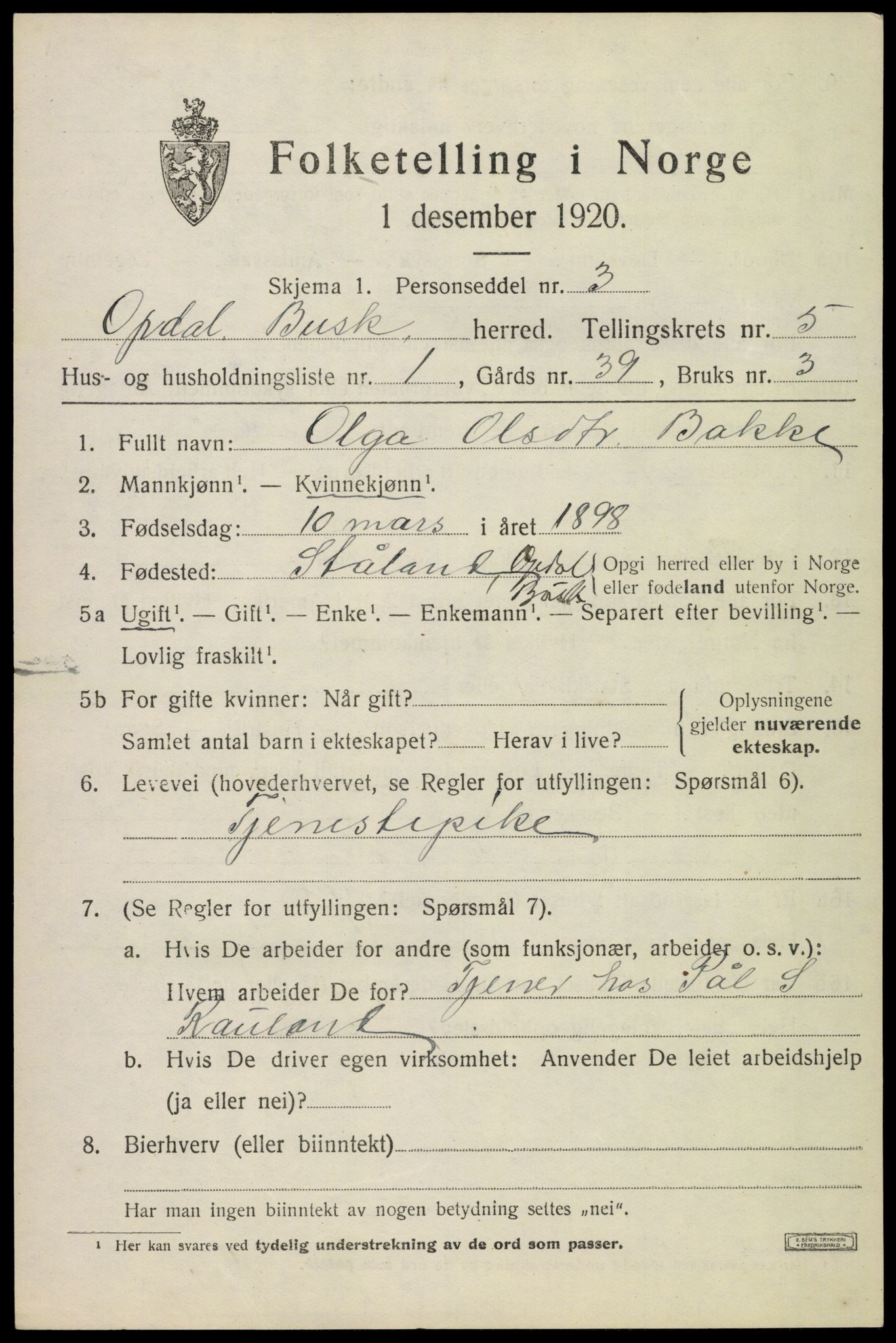 SAKO, 1920 census for Uvdal, 1920, p. 2315