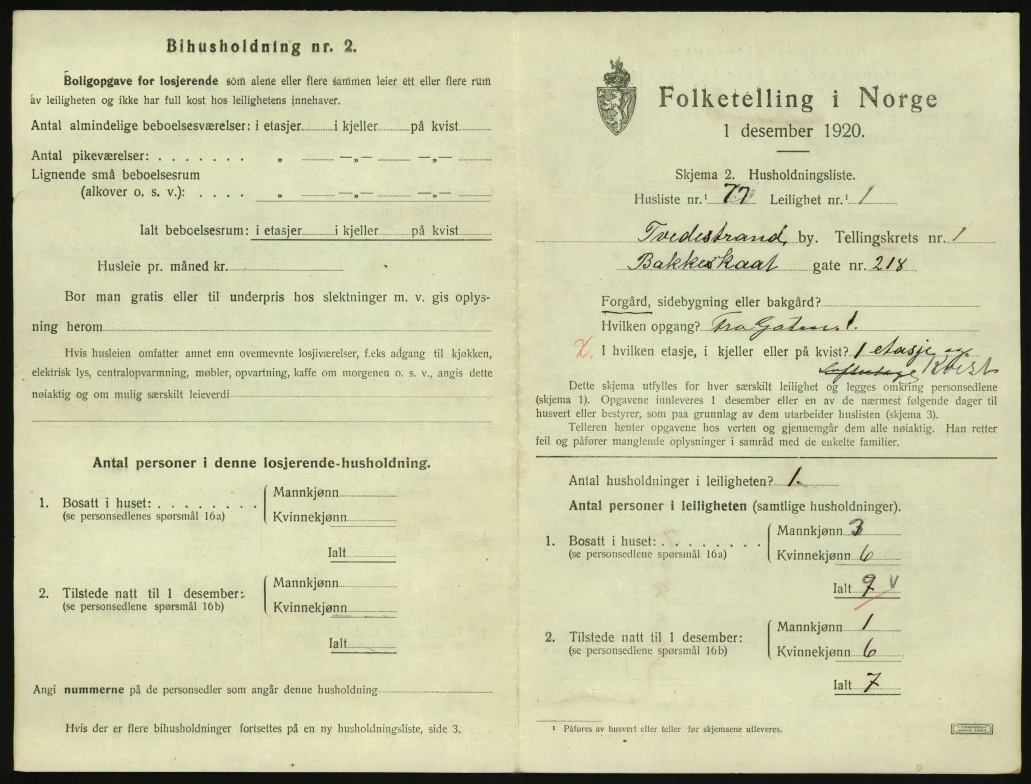 SAK, 1920 census for Tvedestrand, 1920, p. 819