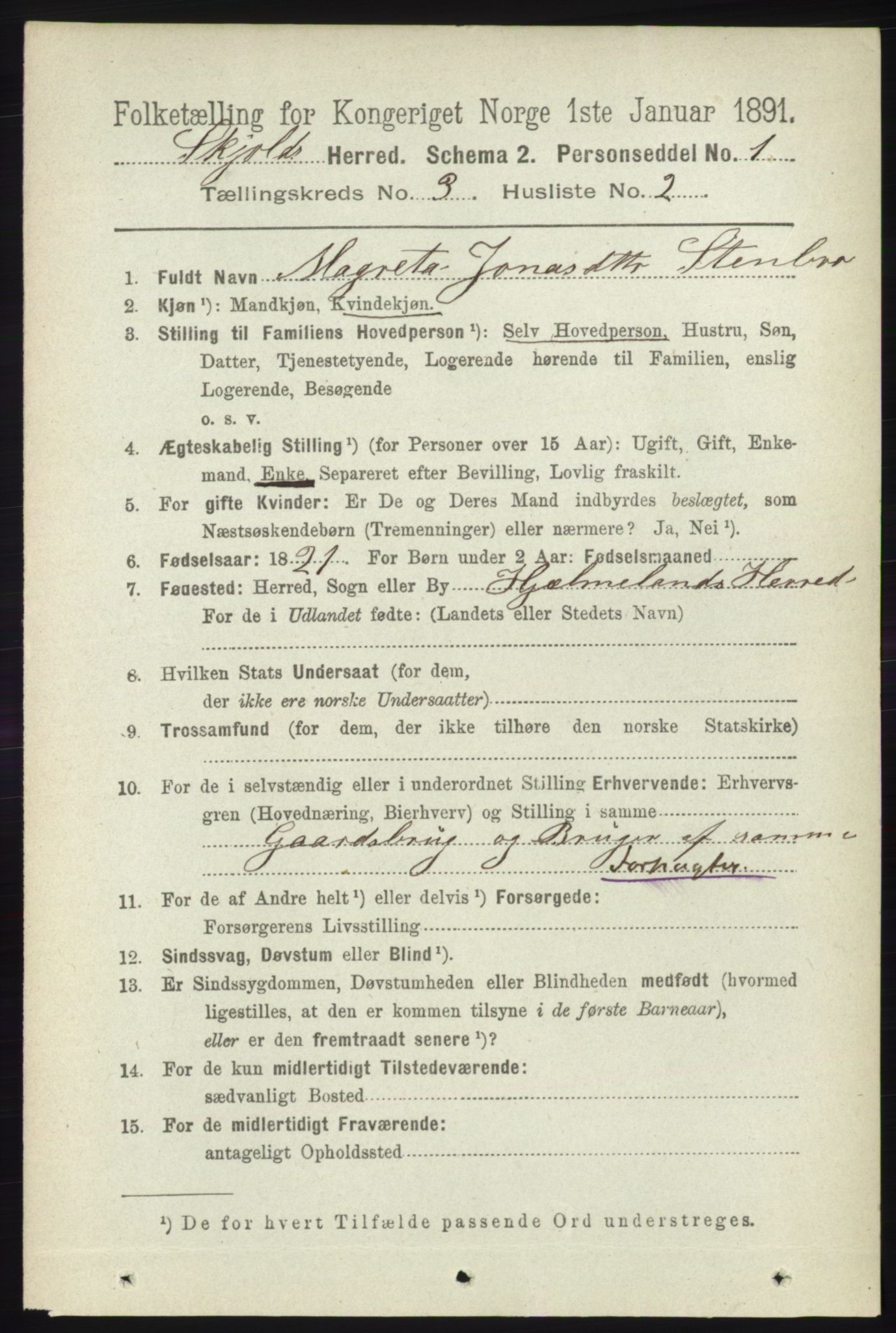 RA, 1891 census for 1154 Skjold, 1891, p. 388