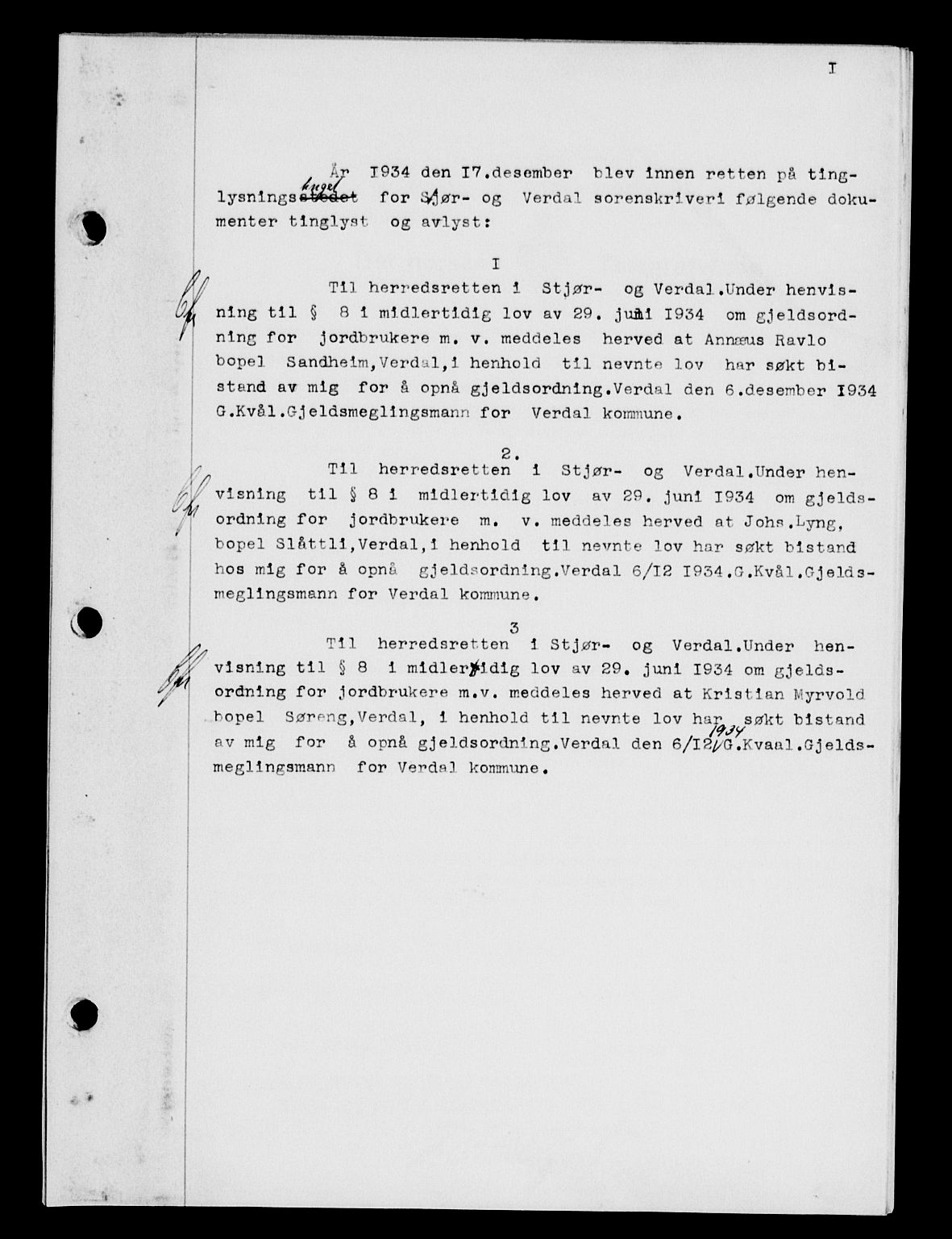 Stjør- og Verdal sorenskriveri, AV/SAT-A-4167/1/2/2C/L0073: Mortgage book no. 41, 1934-1935, p. 1, Deed date: 17.12.1934