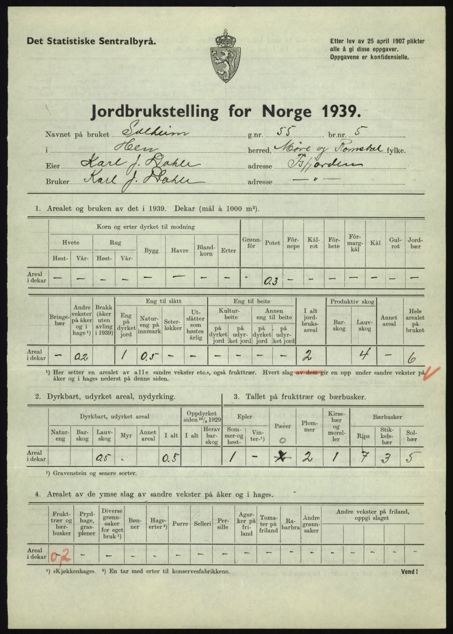 Statistisk sentralbyrå, Næringsøkonomiske emner, Jordbruk, skogbruk, jakt, fiske og fangst, AV/RA-S-2234/G/Gb/L0251: Møre og Romsdal: Voll, Eid, Grytten og Hen, 1939, p. 1047