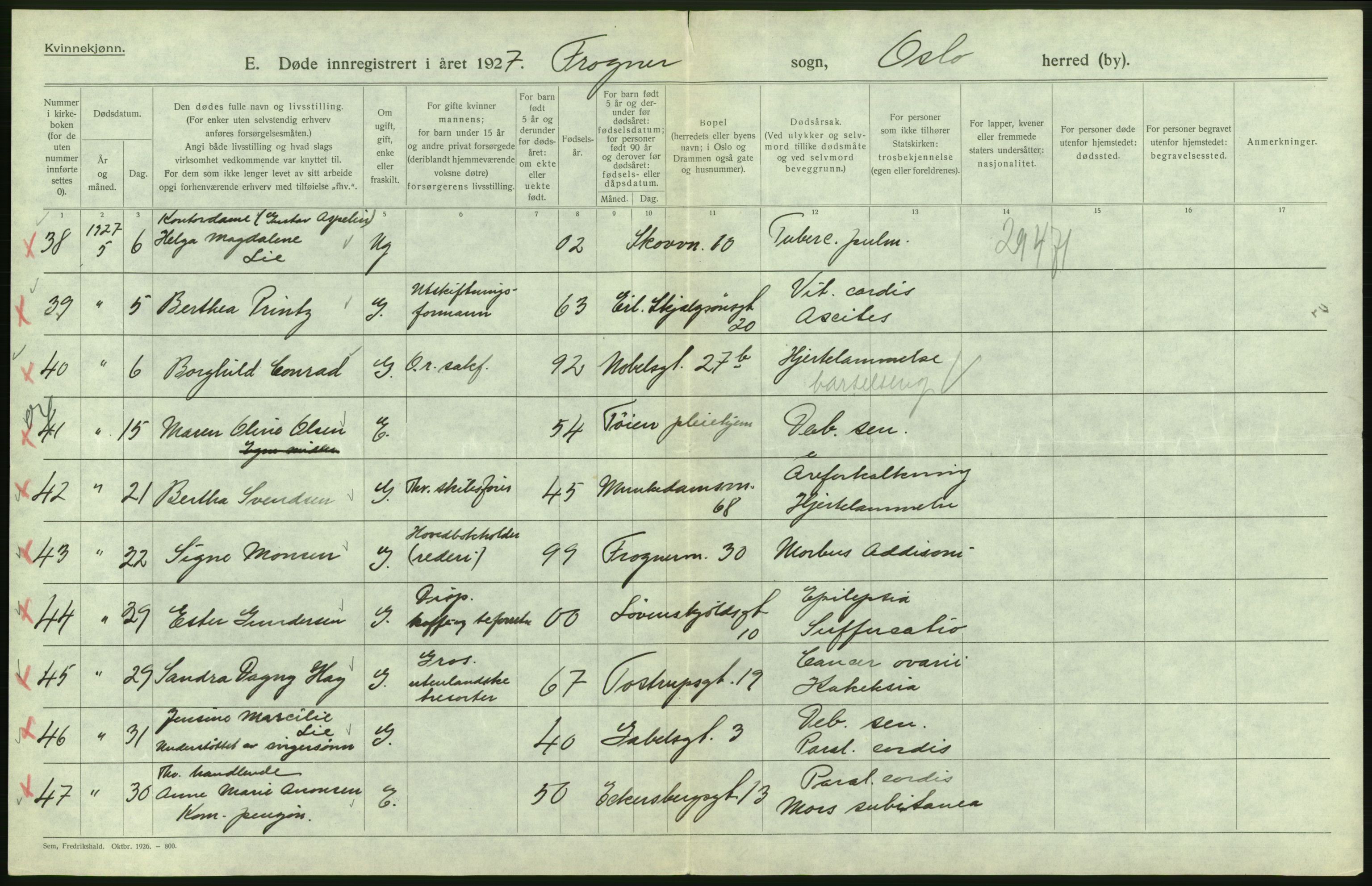 Statistisk sentralbyrå, Sosiodemografiske emner, Befolkning, AV/RA-S-2228/D/Df/Dfc/Dfcg/L0010: Oslo: Døde kvinner, dødfødte, 1927, p. 252