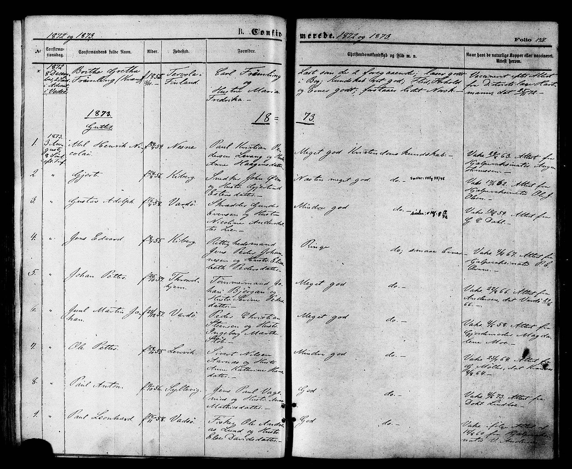 Vardø sokneprestkontor, SATØ/S-1332/H/Ha/L0005kirke: Parish register (official) no. 5, 1872-1878, p. 128