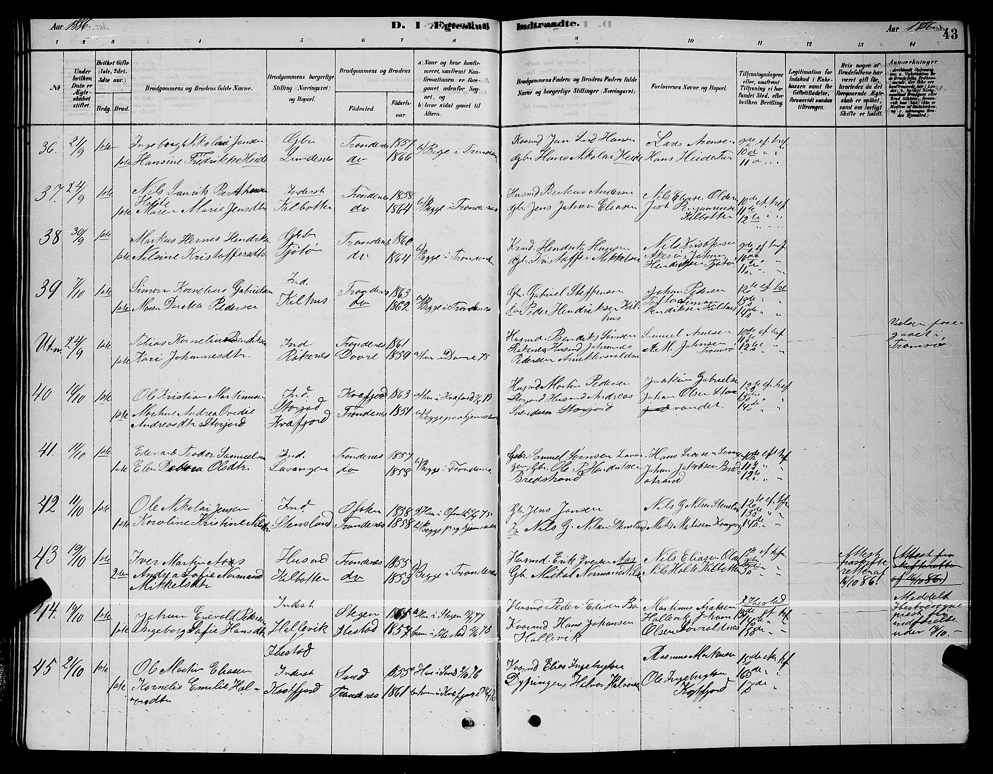 Trondenes sokneprestkontor, AV/SATØ-S-1319/H/Hb/L0010klokker: Parish register (copy) no. 10, 1878-1890, p. 43