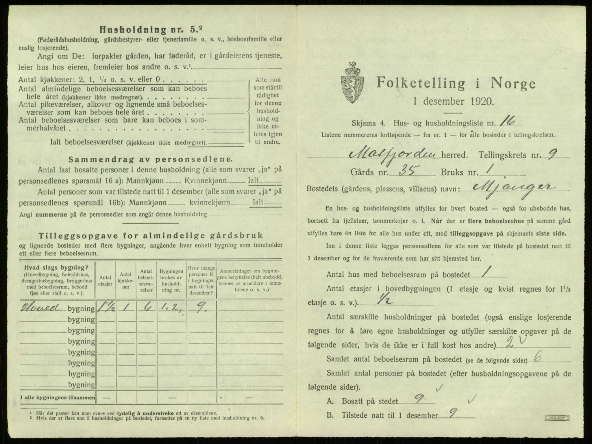 SAB, 1920 census for Masfjorden, 1920, p. 456