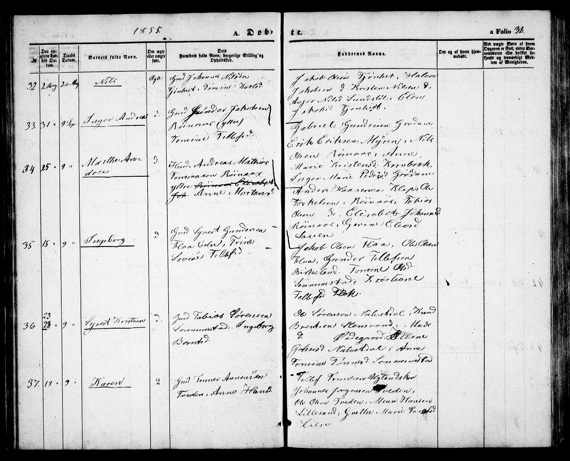 Birkenes sokneprestkontor, AV/SAK-1111-0004/F/Fb/L0002: Parish register (copy) no. B 2, 1849-1876, p. 32