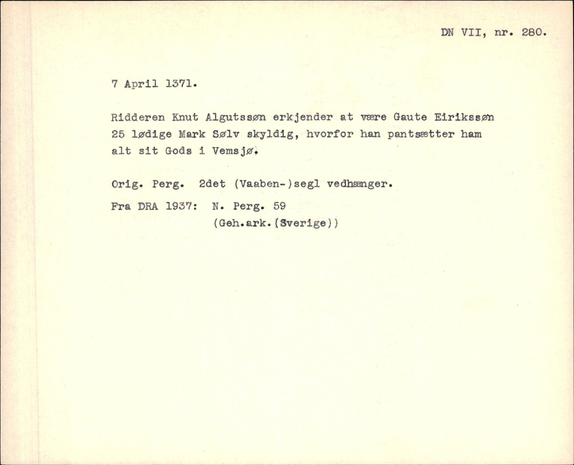 Riksarkivets diplomsamling, AV/RA-EA-5965/F35/F35f/L0003: Regestsedler: Diplomer fra DRA 1937 og 1996, p. 137