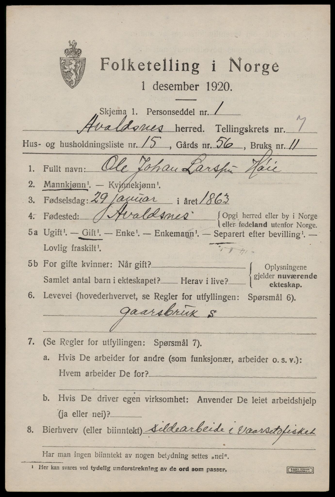 SAST, 1920 census for Avaldsnes, 1920, p. 5983