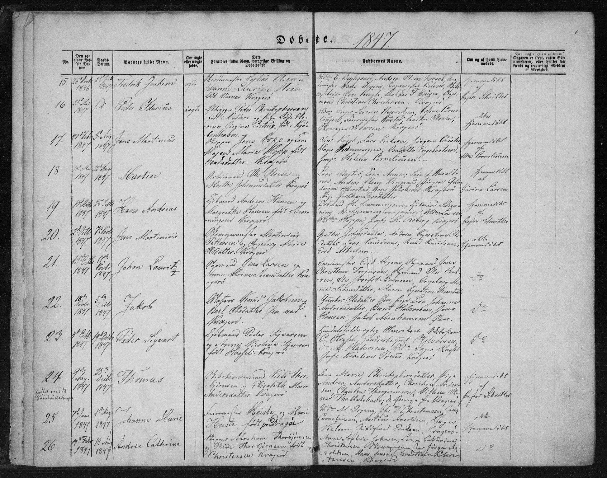 Kragerø kirkebøker, SAKO/A-278/F/Fa/L0006: Parish register (official) no. 6, 1847-1861, p. 1
