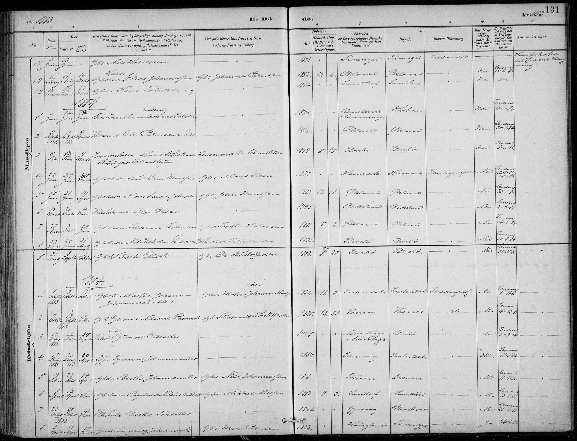 Sund sokneprestembete, SAB/A-99930: Parish register (official) no. C  1, 1882-1899, p. 131