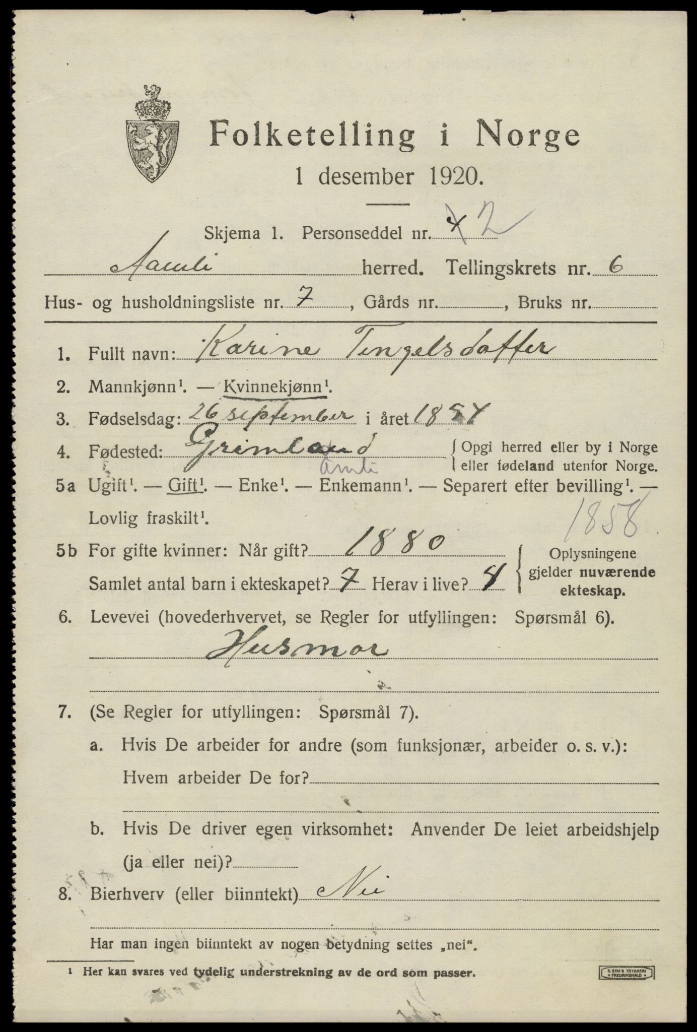 SAK, 1920 census for Åmli, 1920, p. 2697