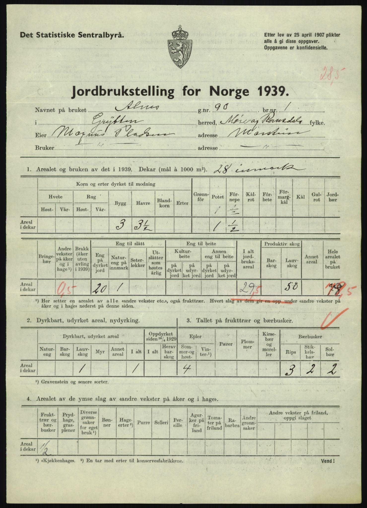 Statistisk sentralbyrå, Næringsøkonomiske emner, Jordbruk, skogbruk, jakt, fiske og fangst, AV/RA-S-2234/G/Gb/L0251: Møre og Romsdal: Voll, Eid, Grytten og Hen, 1939, p. 621