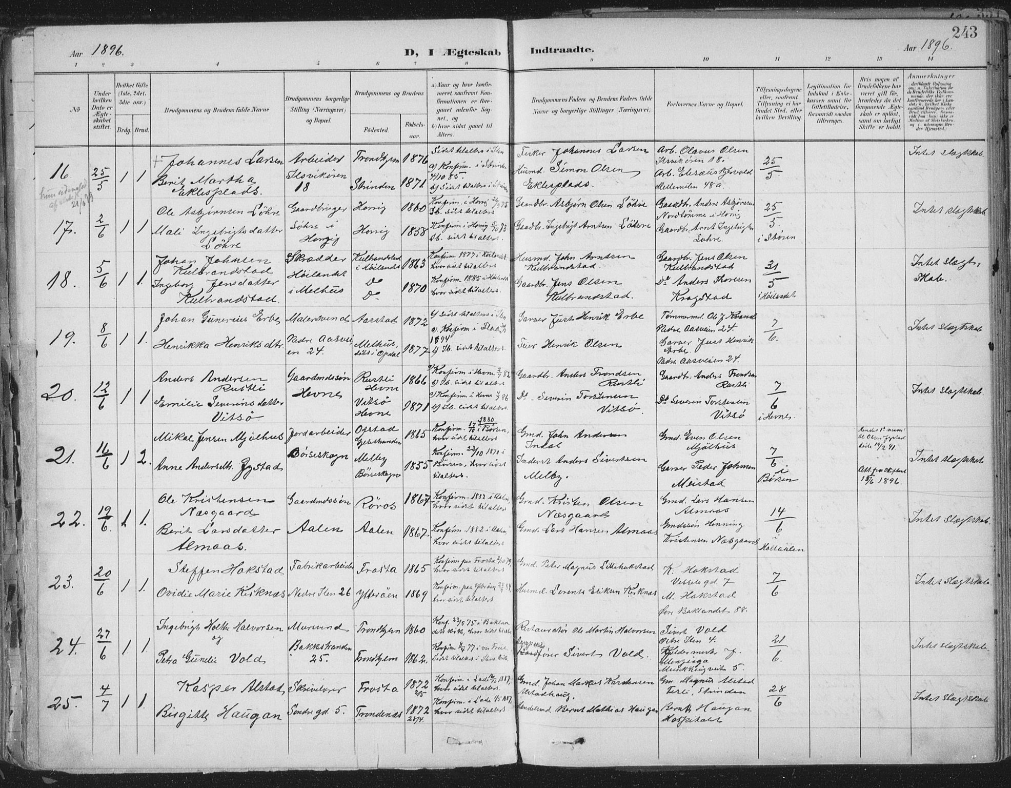 Ministerialprotokoller, klokkerbøker og fødselsregistre - Sør-Trøndelag, AV/SAT-A-1456/603/L0167: Parish register (official) no. 603A06, 1896-1932, p. 243