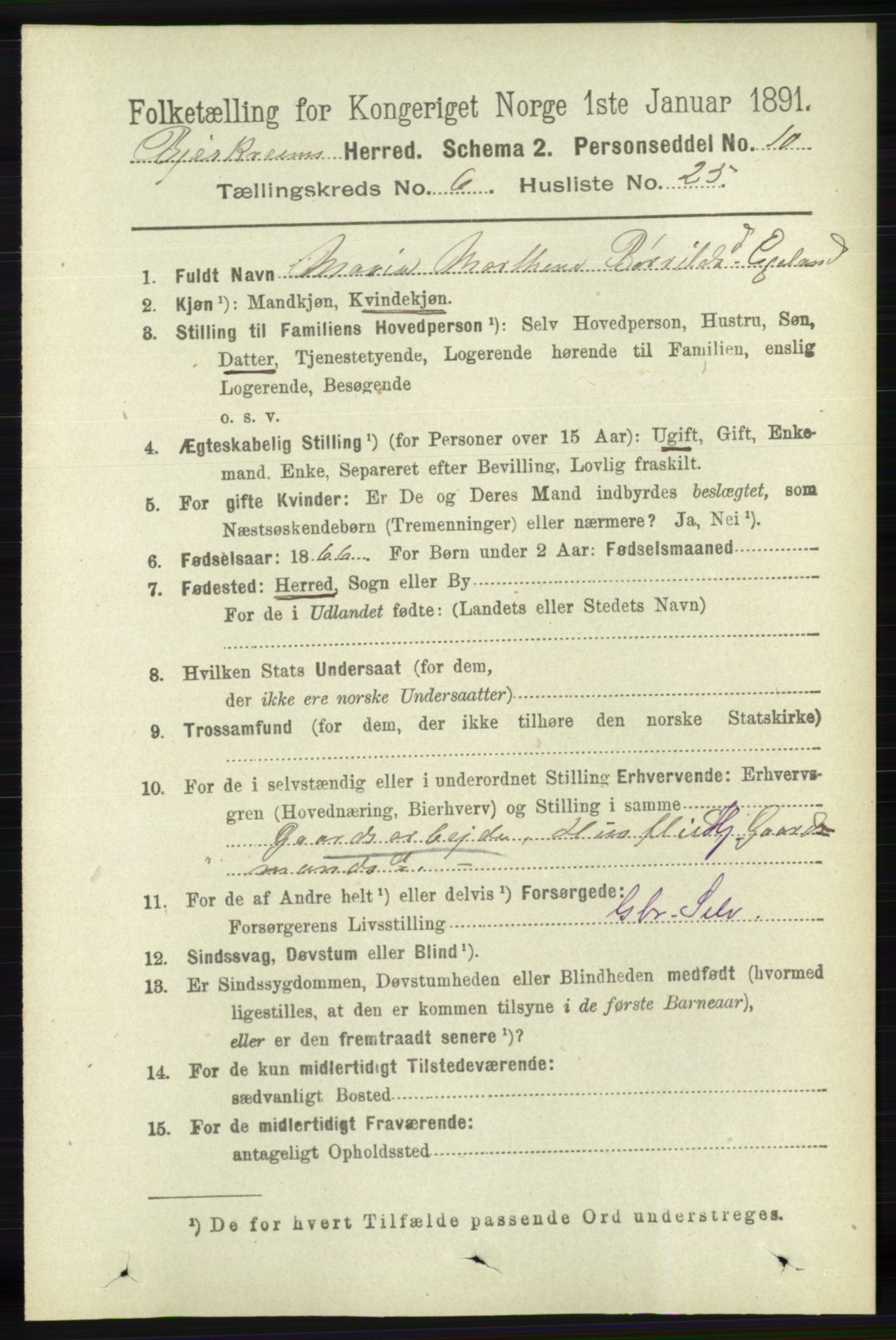 RA, 1891 census for 1114 Bjerkreim, 1891, p. 2258