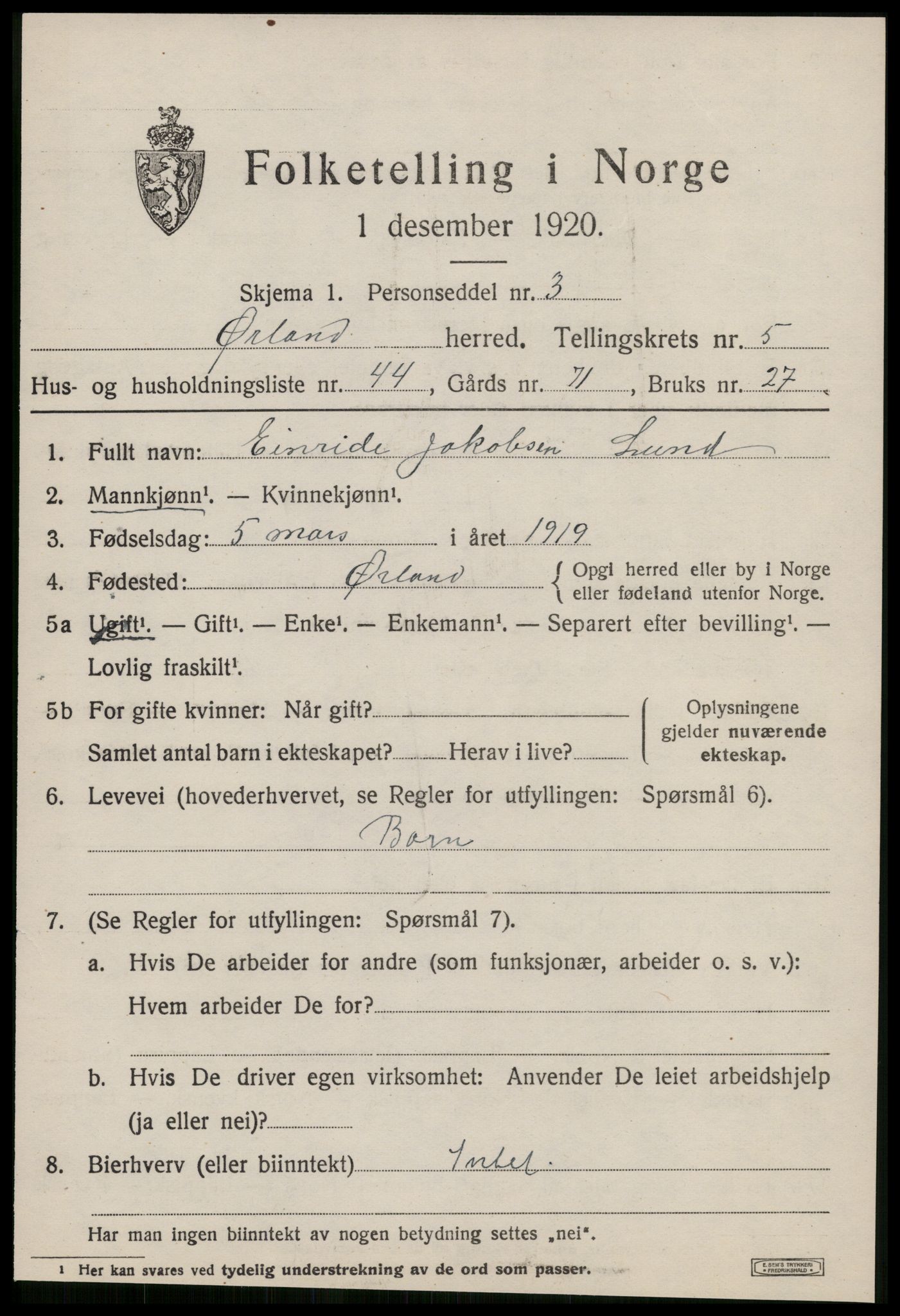 SAT, 1920 census for Ørland, 1920, p. 4929