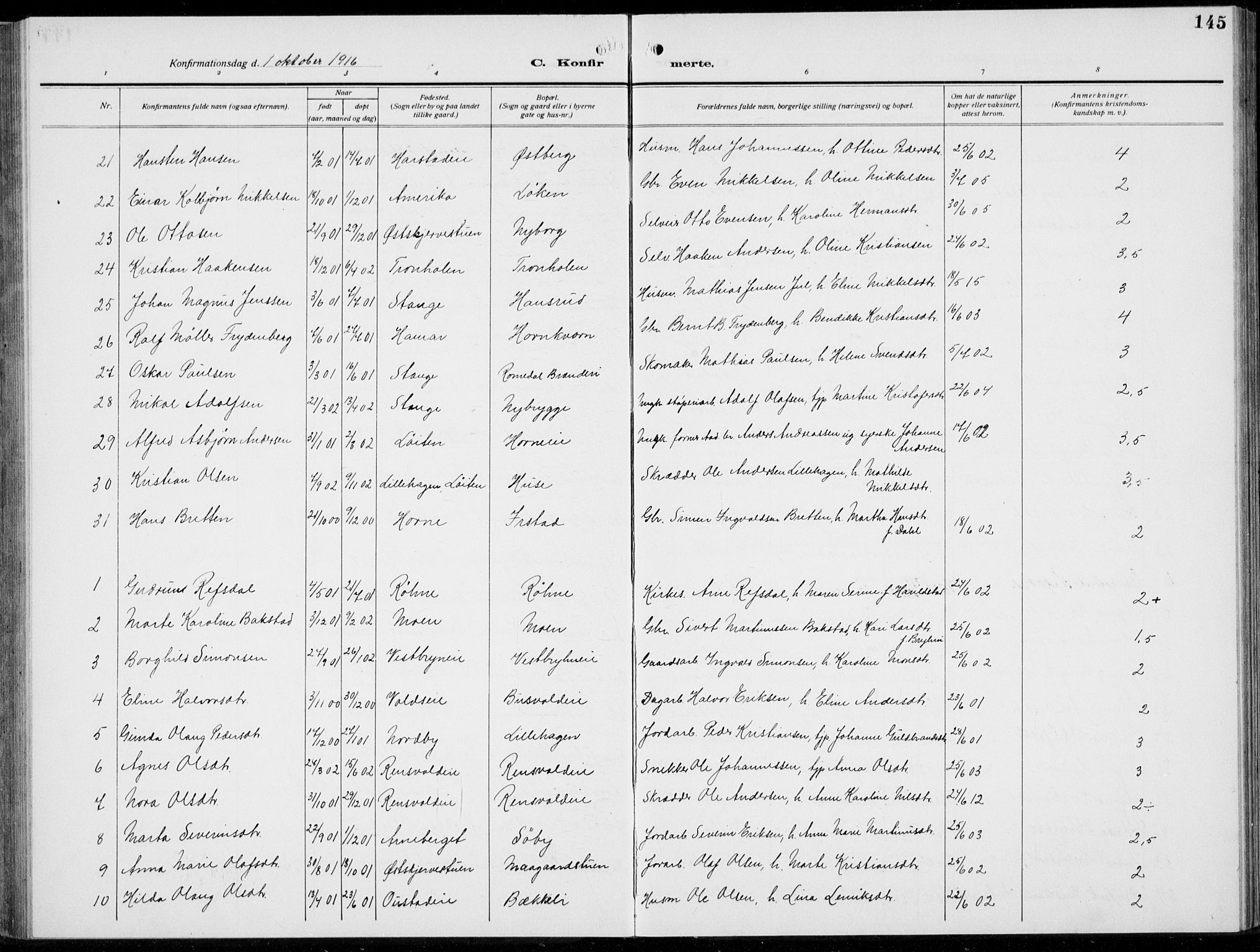 Romedal prestekontor, SAH/PREST-004/L/L0014: Parish register (copy) no. 14, 1915-1939, p. 145