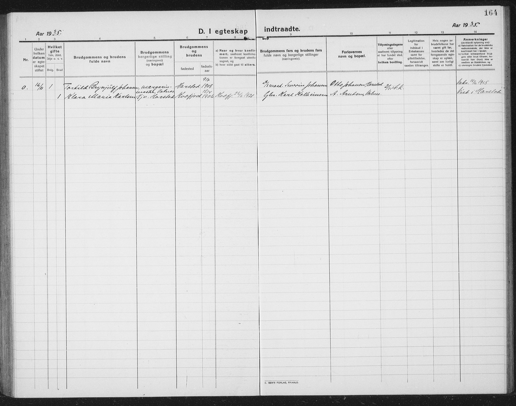 Ministerialprotokoller, klokkerbøker og fødselsregistre - Nordland, AV/SAT-A-1459/804/L0089: Parish register (copy) no. 804C02, 1918-1935, p. 164