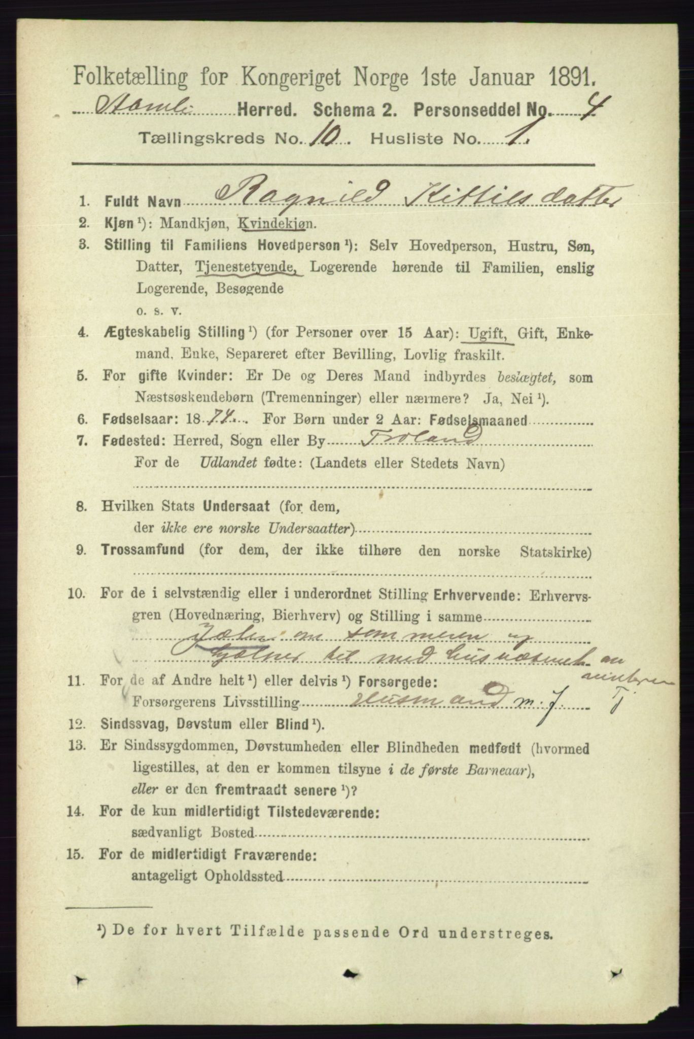 RA, 1891 census for 0929 Åmli, 1891, p. 1672